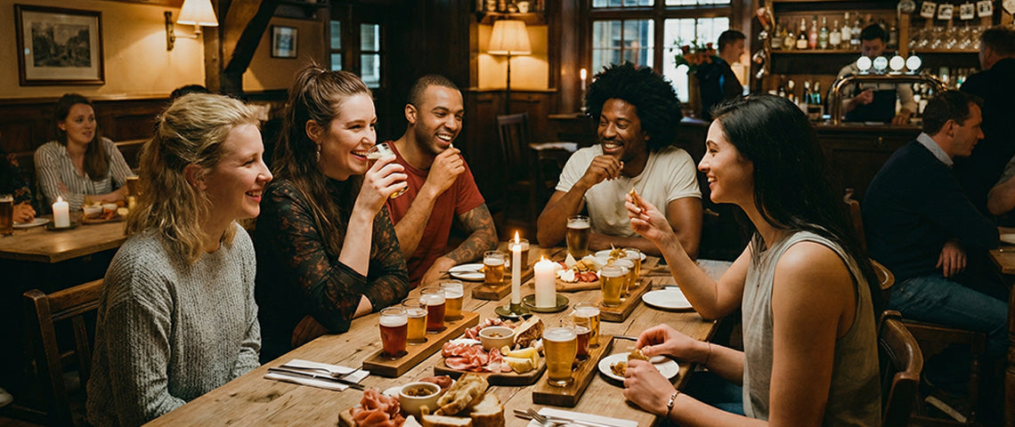 DE: Bierdegustation mit Speisen am Tisch FR: Degustation de bière avec plats IT: Degustazione di birra con cibo
