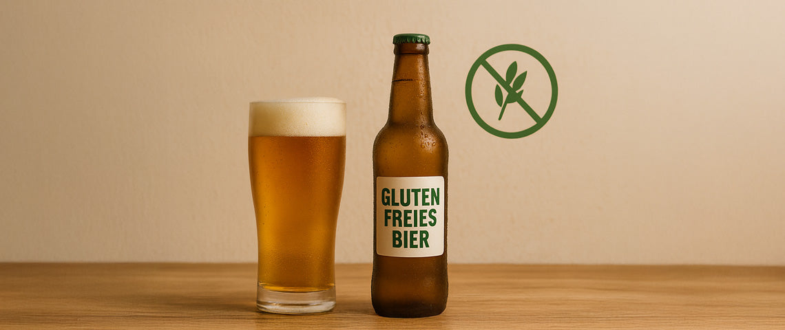Glas mit glutenfreiem Bier neben Flasche mit Aufdruck „Gluten freies Bier“ und durchgestrichenem Ährensymbol.