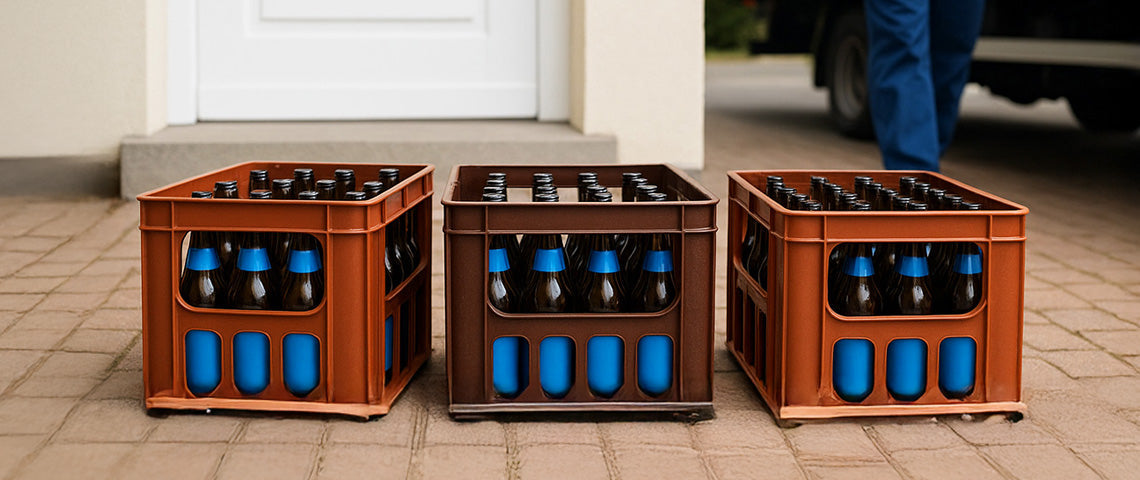 Drei Getränkekisten mit braunen Mehrwegflaschen und blauen Etiketten stehen vor einer Haustür auf dem Boden. Symbolbild für Leergutrückgabe und Getränkelieferung, vor neutralem Hintergrund.