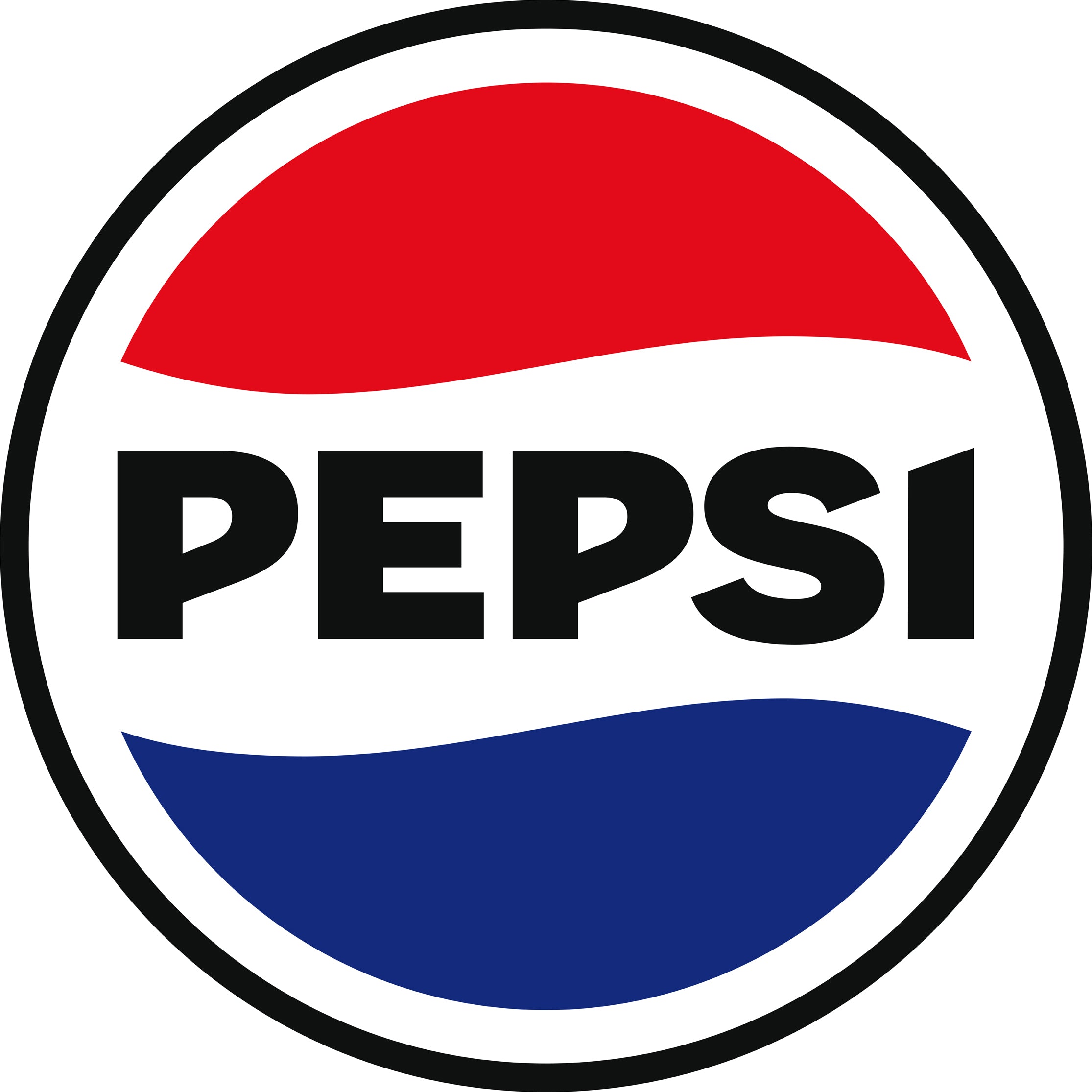 DE: Pepsi Logo rund mit rotem, weissem und blauem Wellenmuster und schwarzer Schrift FR: Logo Pepsi rond avec motif onde rouge, blanc et bleu et texte noir IT: Logo Pepsi rotondo con motivo ondulato rosso, bianco e blu e scritta nera