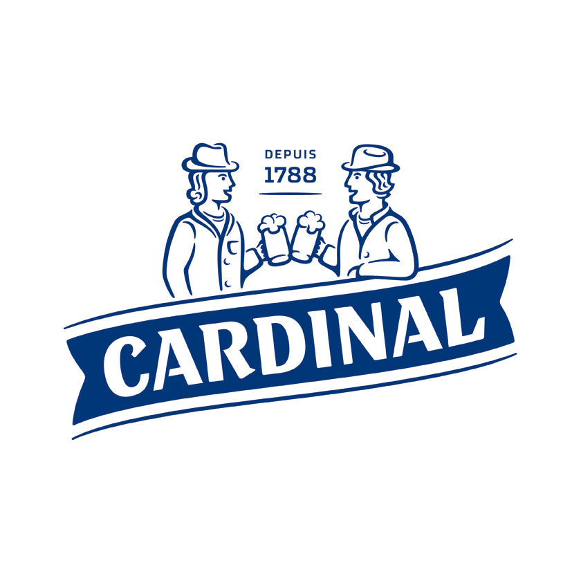 DE: Blaues Cardinal Logo mit zwei anstossenden Maennern und Schriftzug FR: Logo bleu Cardinal avec deux hommes trinquant et inscription IT: Logo blu Cardinal con due uomini che brindano e scritta