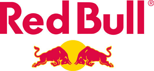DE: Rotes Red Bull Logo mit zwei gelben Stieren vor Sonne FR: Logo rouge Red Bull avec deux taureaux jaunes devant soleil IT: Logo rosso Red Bull con due tori gialli davanti al sole
