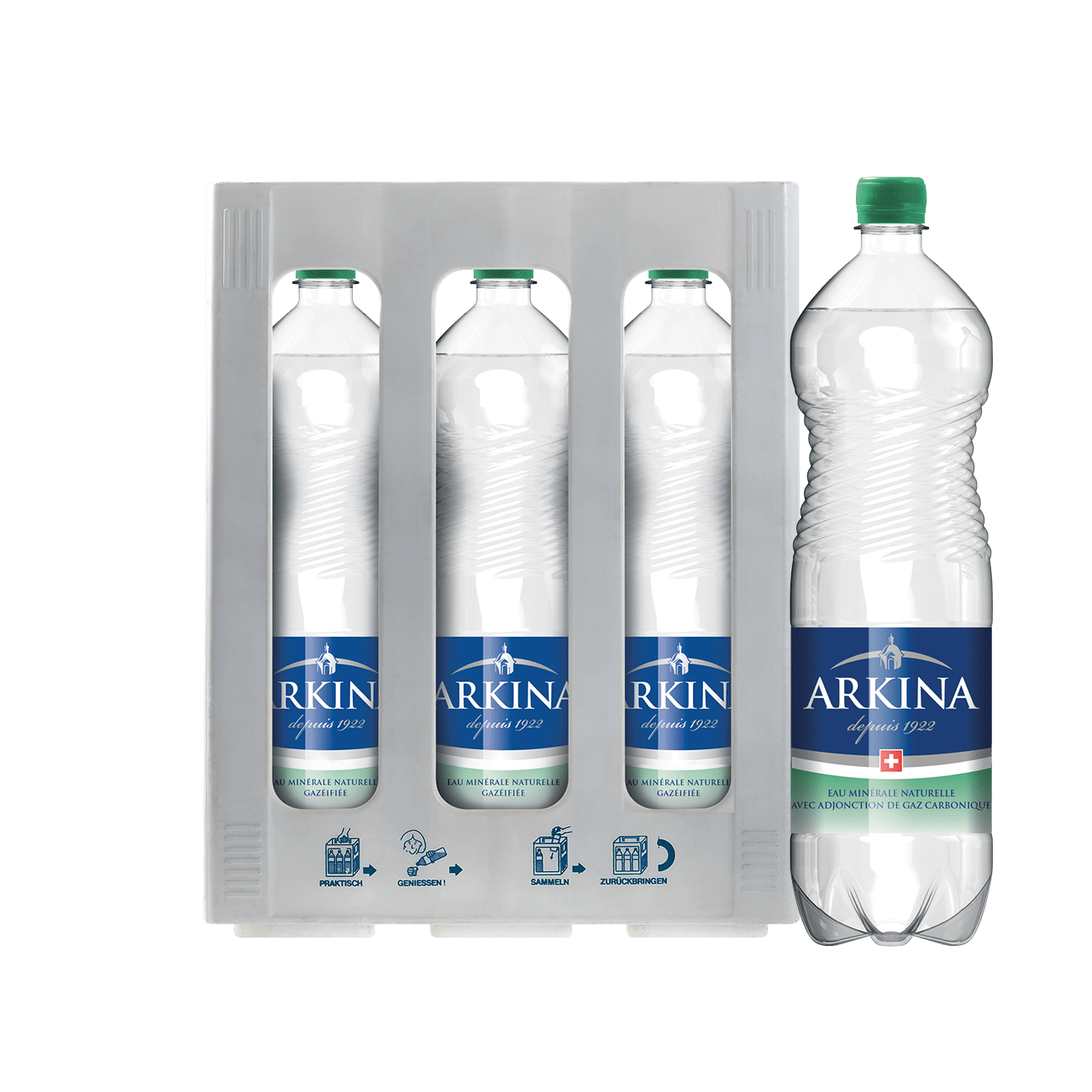 DE: Arkina Grün mit Kohlensäure 150cl 6-Harasse – sprudelndes Mineralwasser in grossen PET-Flaschen.
FR: Arkina Vert gazeuse 150cl 6-Harasse – eau minerale petillante en grandes bouteilles PET.
IT: Arkina Verde frizzante 150cl 6-Harasse – acqua minerale naturale gassata in grandi bottiglie PET.
Keywords: mineralwasser, wasser, mit kohlensaeure, sprudel, 150cl pack, feldschloesschen-getraenkeshop