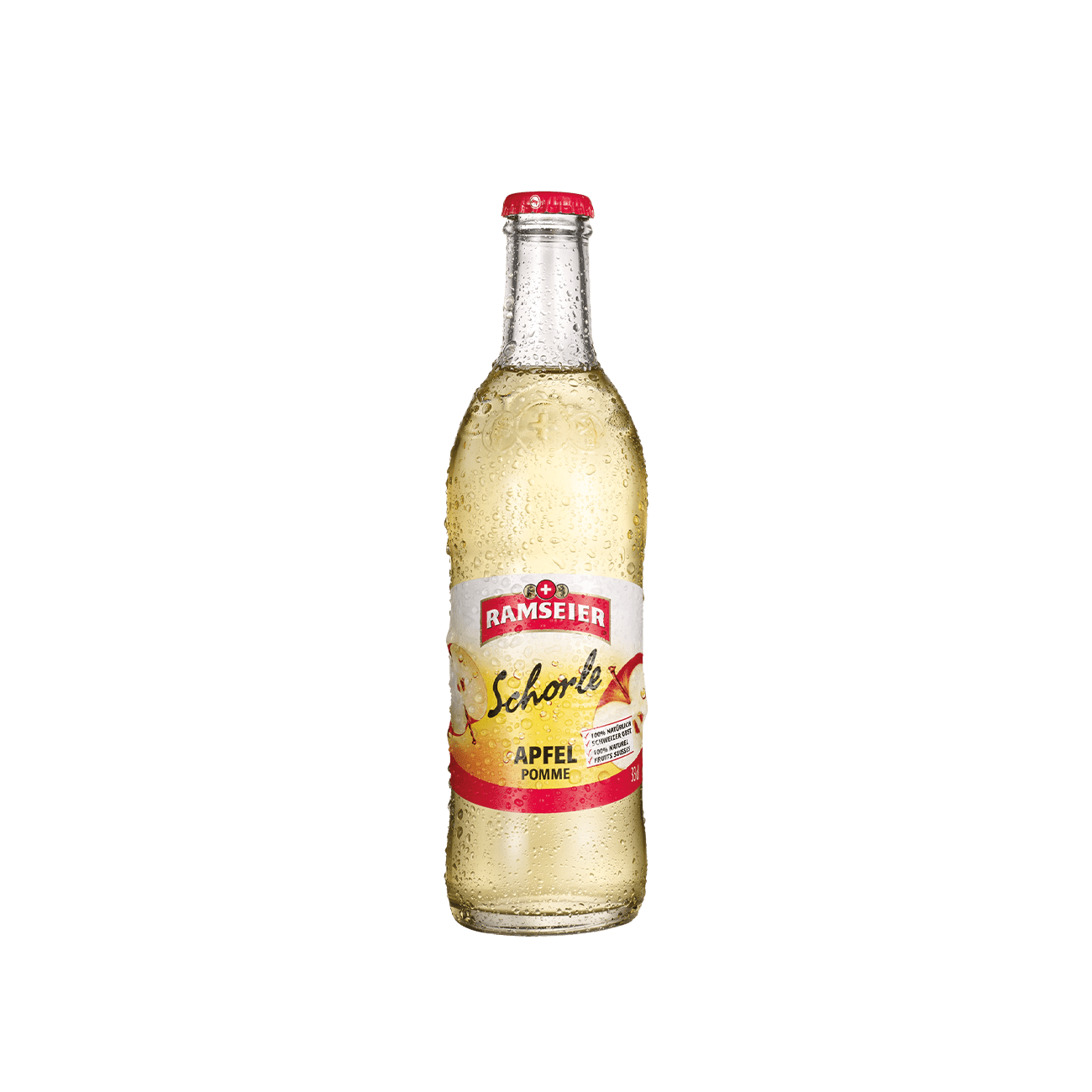 Ramseier Apfelschorle, Schweizer Fruchtschorle, erfrischend, ohne Zuckerzusatz, 33cl Flasche im 24-Harasse, vor neutralem Hintergrund.