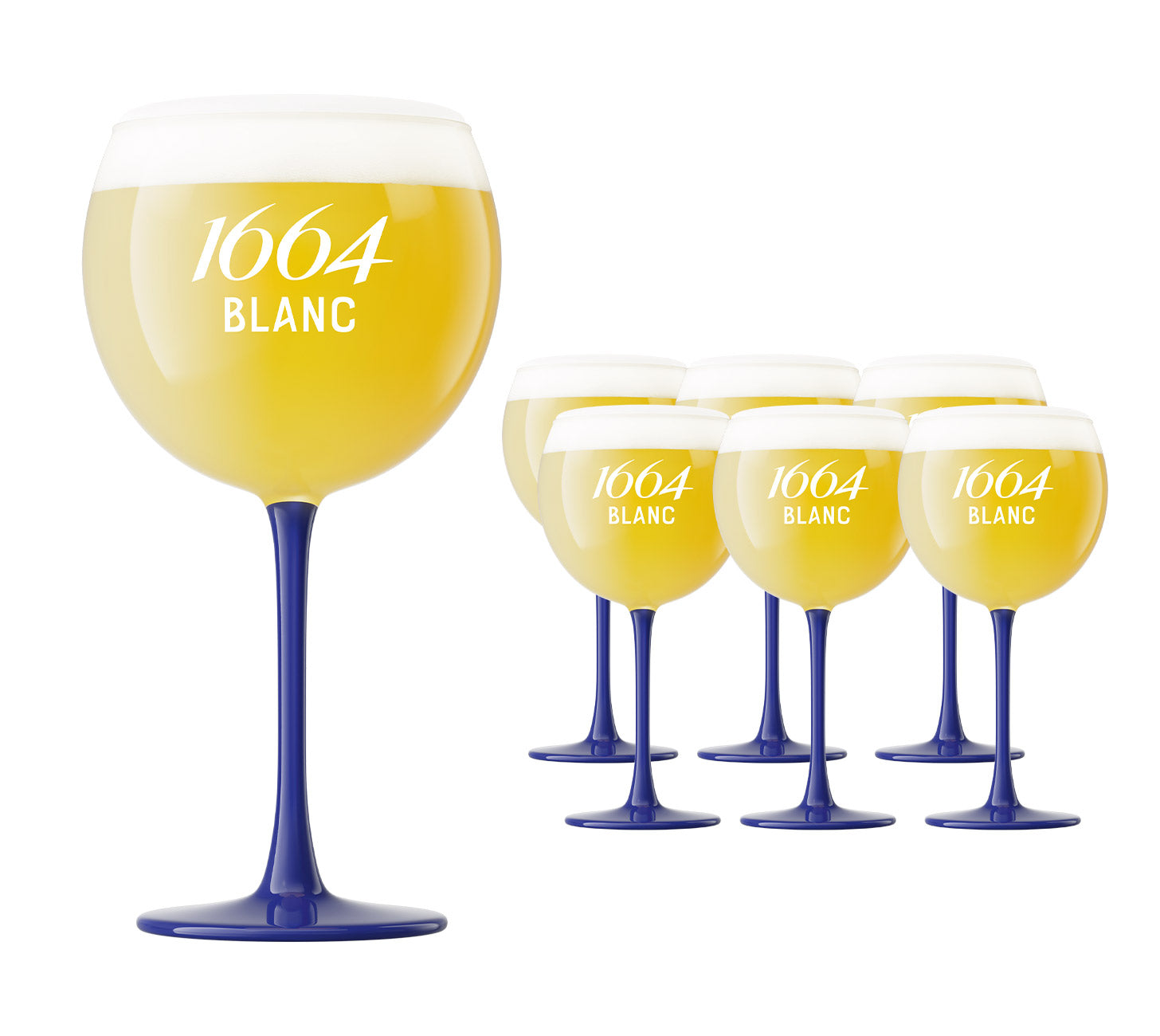 1664 Blanc Ballon Glas 6x33cl, elegantes Bierglas mit bauchiger Form, betont Aromen, perfekter Kelch für fruchtige Noten, langer Stiel für angenehme Handhabung. Set mit 6 Gläsern, geeignet für 1664 Blanc und 1664 Blanc 0.0%. or neutralem Hintergrund, ideal für stilvollen Biergenuss.