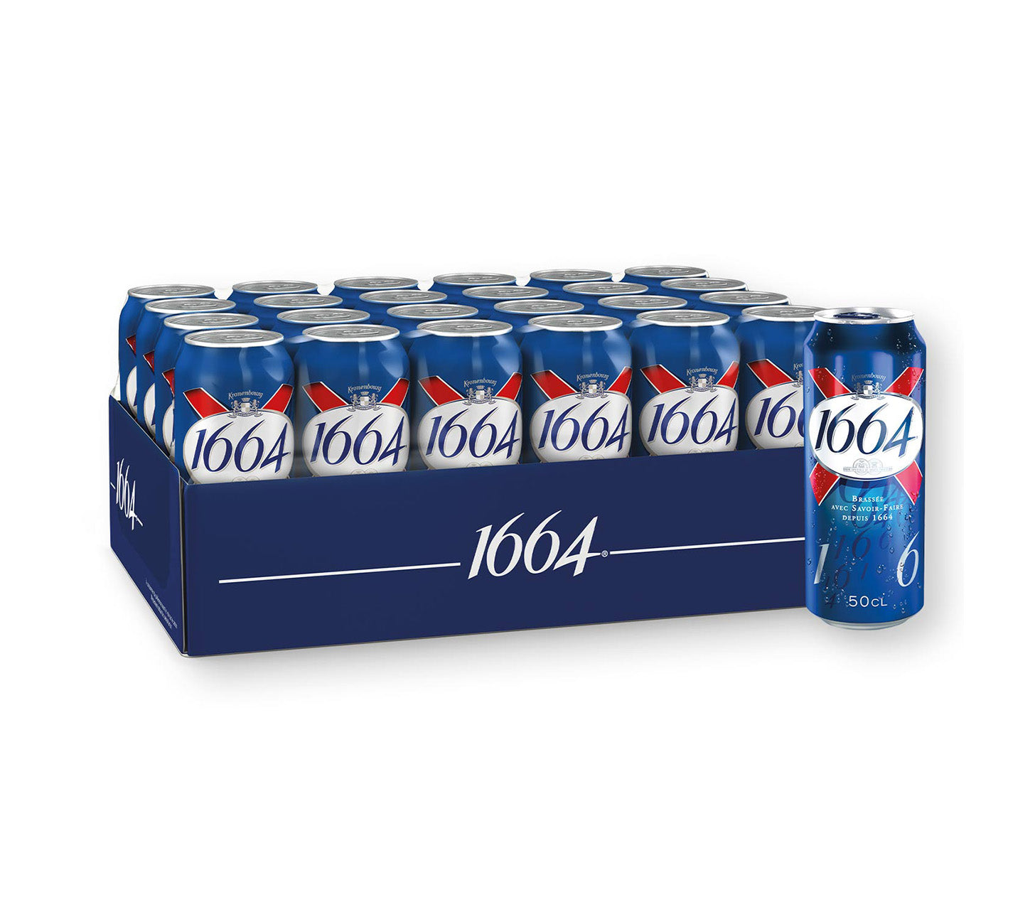 DE: 1664 Lagerbier 24×50cl – französisches Premium-Lagerbier mit goldener Farbe, feinem Geschmack und Strisselspalt-Hopfen, ideal für Apéro und Käseplatte. Modernes Dosenpack vor neutralem Hintergrund. FR: 1664 Lager bière 24×50cl – bière lager française premium, couleur dorée, goût délicat et houblon Strisselspalt, idéale pour apéritif et plateau de fromages. Pack de canettes moderne sur fond neutre. IT: 1664 Lager birra 24×50cl – birra lager francese premium, colore dorato, gusto fine e luppolo Strisselsp