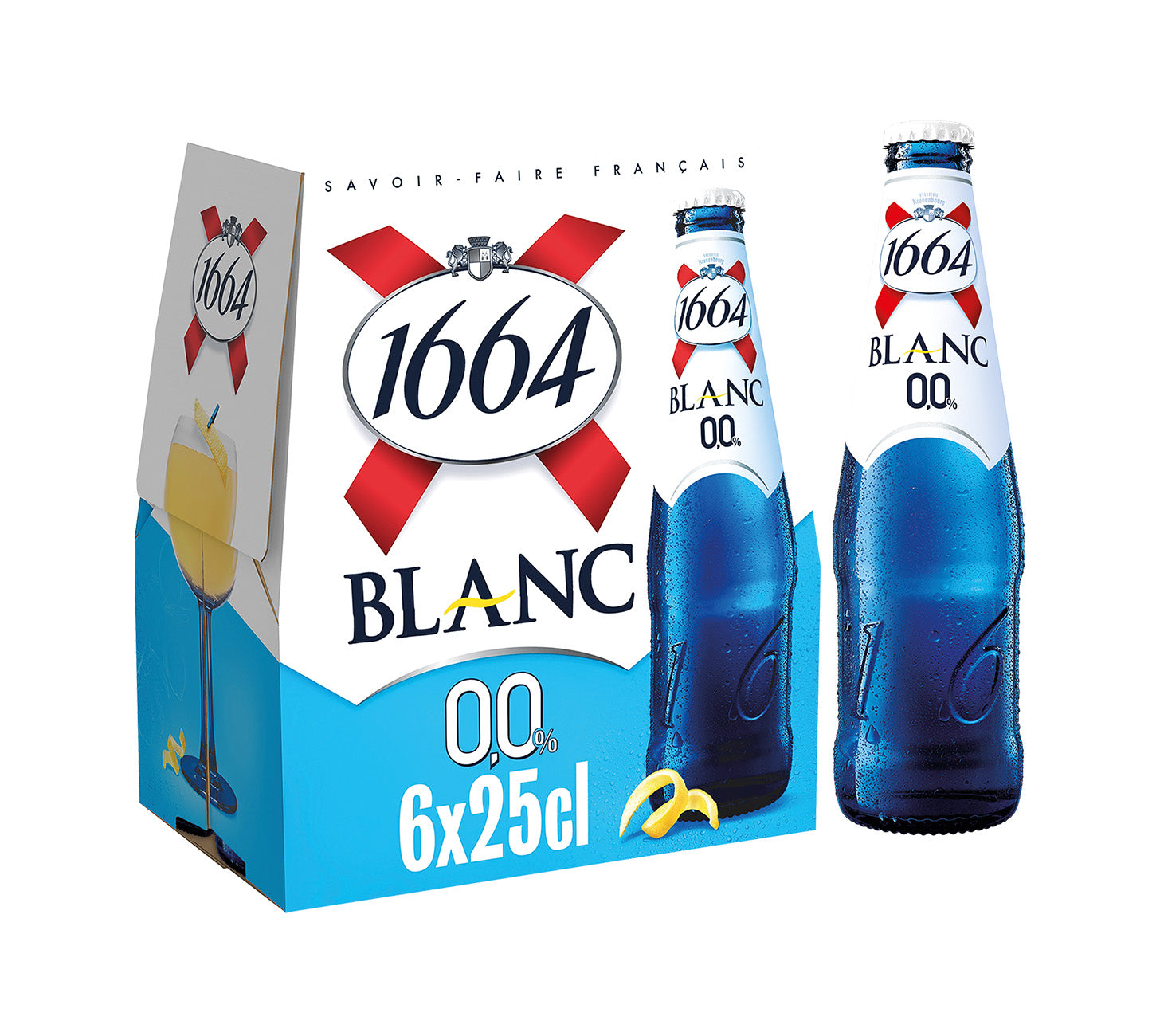 DE: 1664 Blanc 0.0% 6×25cl – alkoholfreies französisches Weizenbier mit frischen Zitrusnoten und leichten exotischen Aromen, elegant präsentiert im MHI-Produktbild vor neutralem Hintergrund.
FR: 1664 Blanc 0.0% 6×25cl – bière blanche française sans alcool aux notes d’agrumes fraîches et arômes exotiques légers, présentée élégamment en visuel MHI sur fond neutre.
IT: 1664 Blanc 0.0% 6×25cl – birra blanche francese analcolica con fresche note agrumate e leggere sfumature esotiche, mostrata in immagine MHI s
