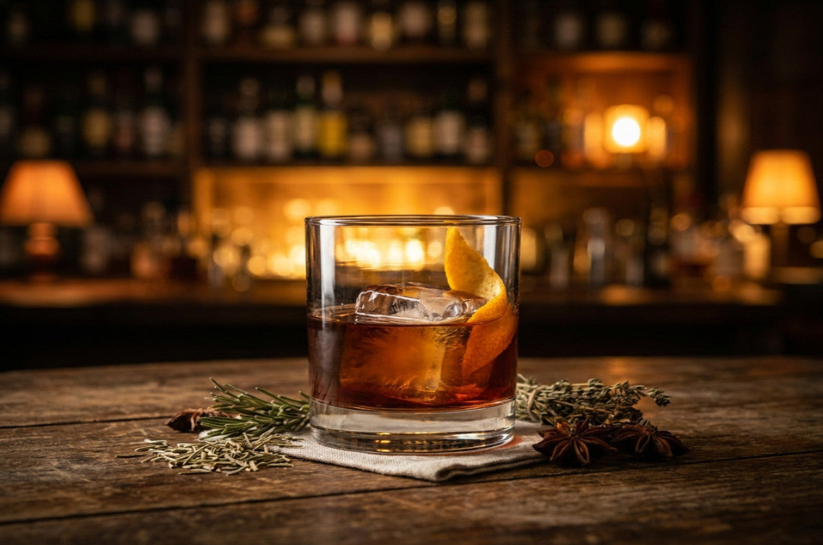 DE: Digestif-Cocktail mit Eis und Orangenzeste vor warm beleuchteter Bar.
FR : Cocktail digestif avec glaçon et zeste d’orange devant un bar chaleureux.
IT: Cocktail digestivo con ghiaccio e scorza d’arancia davanti a un bar illuminato.
EN: Digestif cocktail with ice and orange peel in front of a warmly lit bar.
