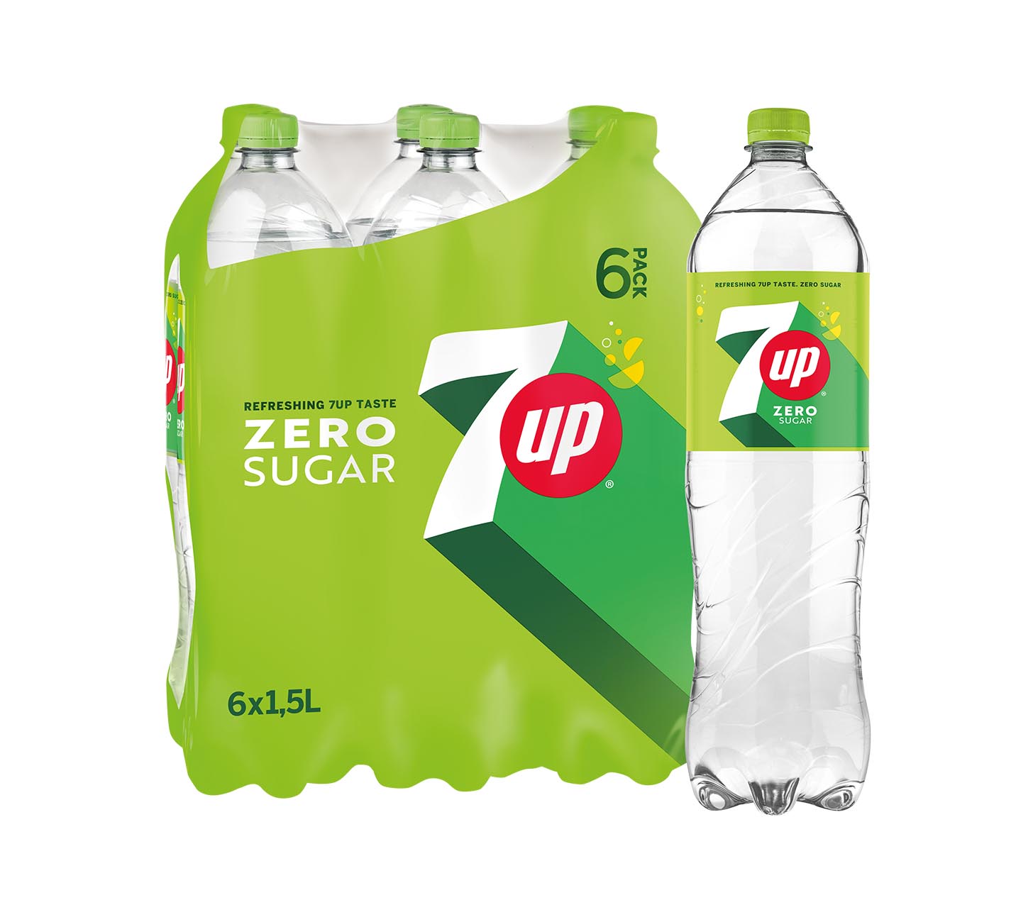 DE: 7UP Zero Softdrink 150cl 6-Pack MHI, zuckerfreie Zitronen-Limetten-Limonade, Pack mit Einzelflasche dargestellt, vor neutralem Hintergrund.
FR: 7UP Zero boisson 150cl pack de 6 MHI, limonade sans sucre avec bouteille individuelle, sur fond neutre.
IT: 7UP Zero soft drink 150cl confezione da 6 MHI, limonata senza zucchero con bottiglia singola, su sfondo neutro.
Keywords: 7up zero mhi, pet flasche, softdrink