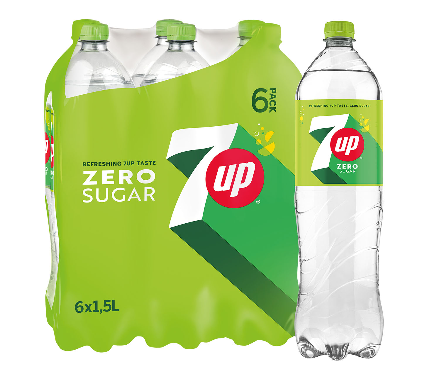 7UP Zero 150cl Softdrink 6-Pack, kalorienarme Zitronenlimonade ohne Zucker, erfrischend, prickelnd, mit Zitrone & Limette. Perfektes Grosspack vor neutralem Hintergrund.
