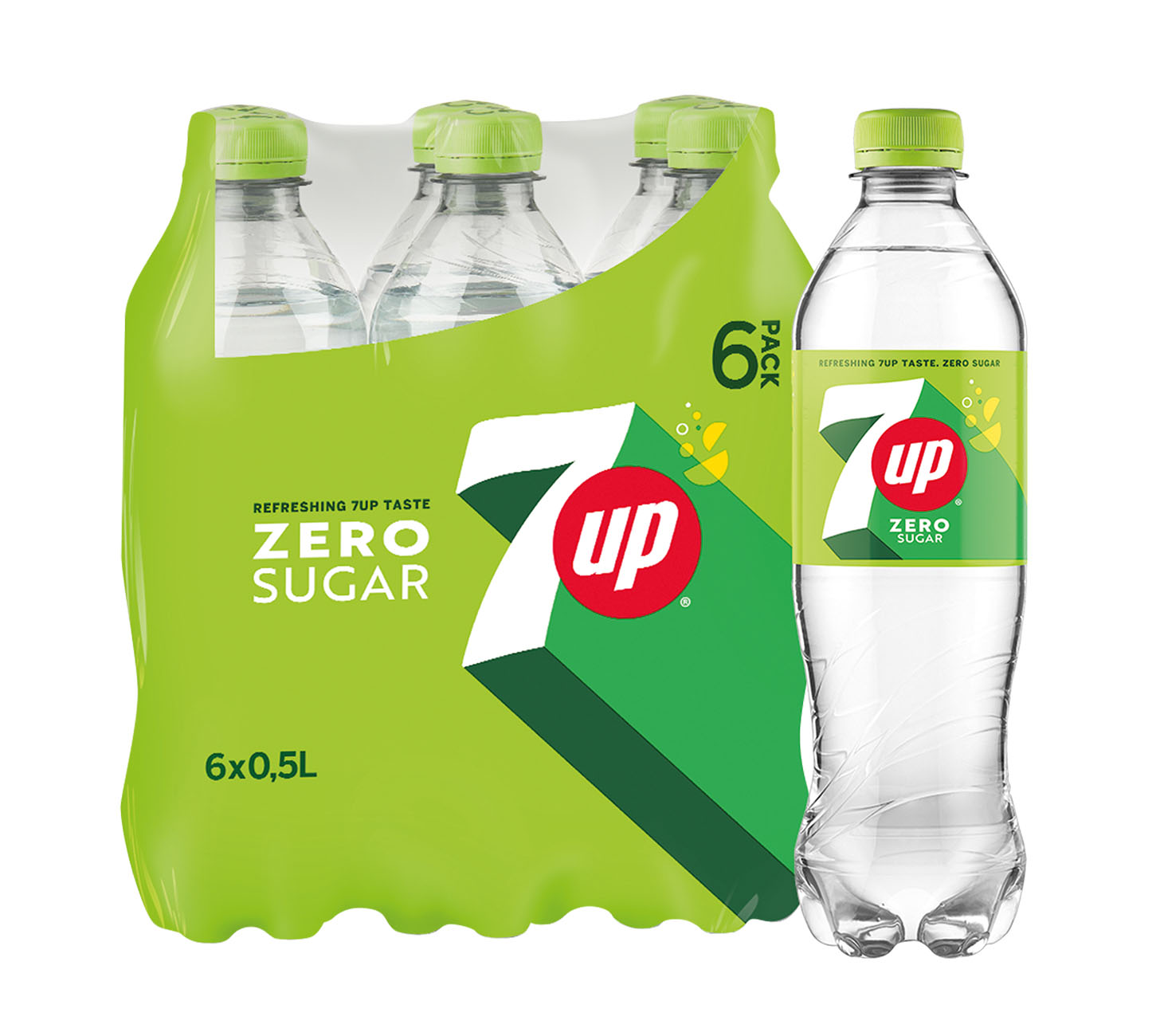 7UP Zero 50cl Softdrink 6-Pack, erfrischende Zitronenlimonade ohne Zucker, leicht und prickelnd, mit Zitrone & Limette. Perfekt für unterwegs im praktischen Format, vor neutralem Hintergrund.