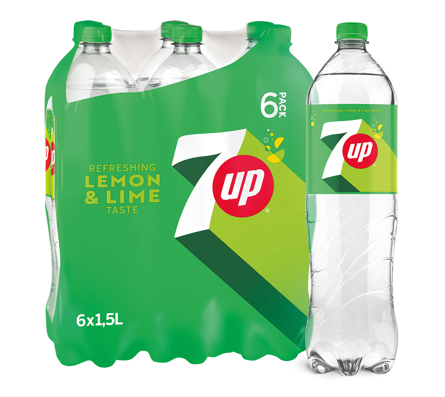 7UP Softdrink 150cl 6-Pack, Original Zitronen-Limettenlimonade, spritzig frisch, Kultmarke seit 1929, Grosspack für Familie & Freunde, vor neutralem Hintergrund.