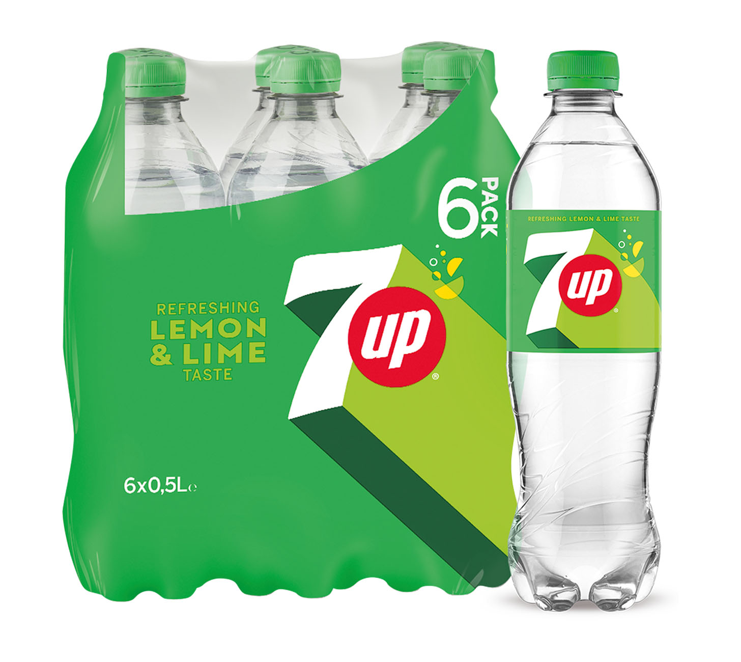 7UP Softdrink 50cl 6-Pack, Original Zitronenlimonade mit Limette, spritzig frisch, Kult seit 1929, perfekte Erfrischung im handlichen Format, vor neutralem Hintergrund.