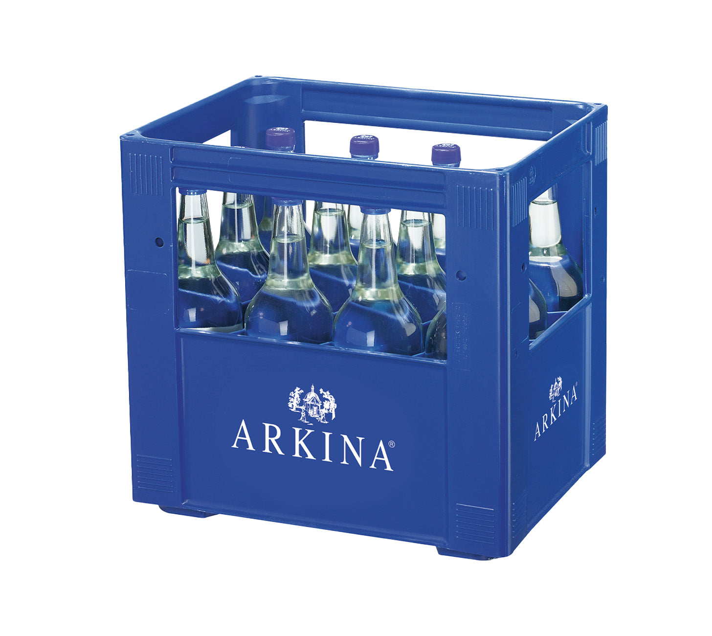 DE: Arkina Blau ohne Kohlensäure 100cl 12-Harasse, stilles Mineralwasser in Glasflaschen, Mehrwegkiste, MHI.
FR: Arkina Bleu sans gaz 100cl harasse de 12, eau minérale plate en bouteilles en verre, MHI.
IT: Arkina Blu senza gas 100cl cassa da 12, acqua minerale naturale in bottiglie di vetro, MHI.