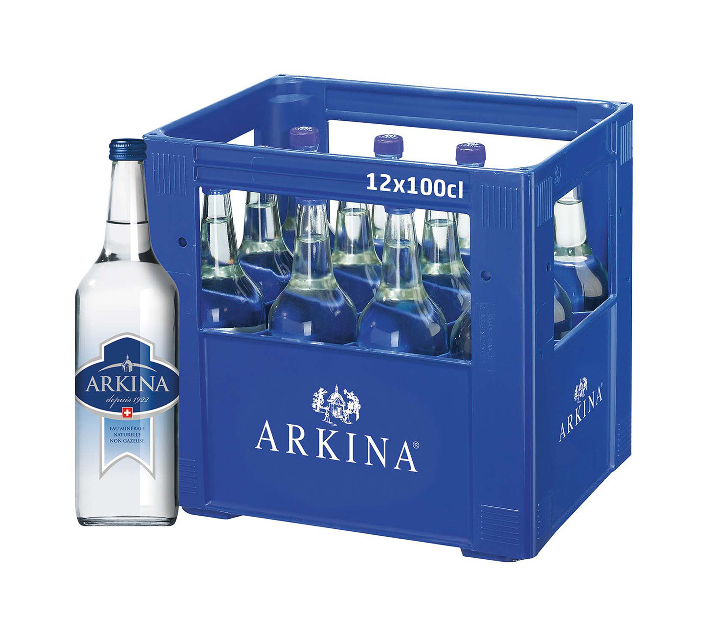 DE: Arkina Blau ohne Kohlensäure 100cl 12-Harasse, stilles Mineralwasser in Glasflaschen, Mehrwegkiste, MHI.
FR: Arkina Bleu sans gaz 100cl harasse de 12, eau minérale plate en bouteilles en verre, MHI.
IT: Arkina Blu senza gas 100cl cassa da 12, acqua minerale naturale in bottiglie di vetro, MHI.