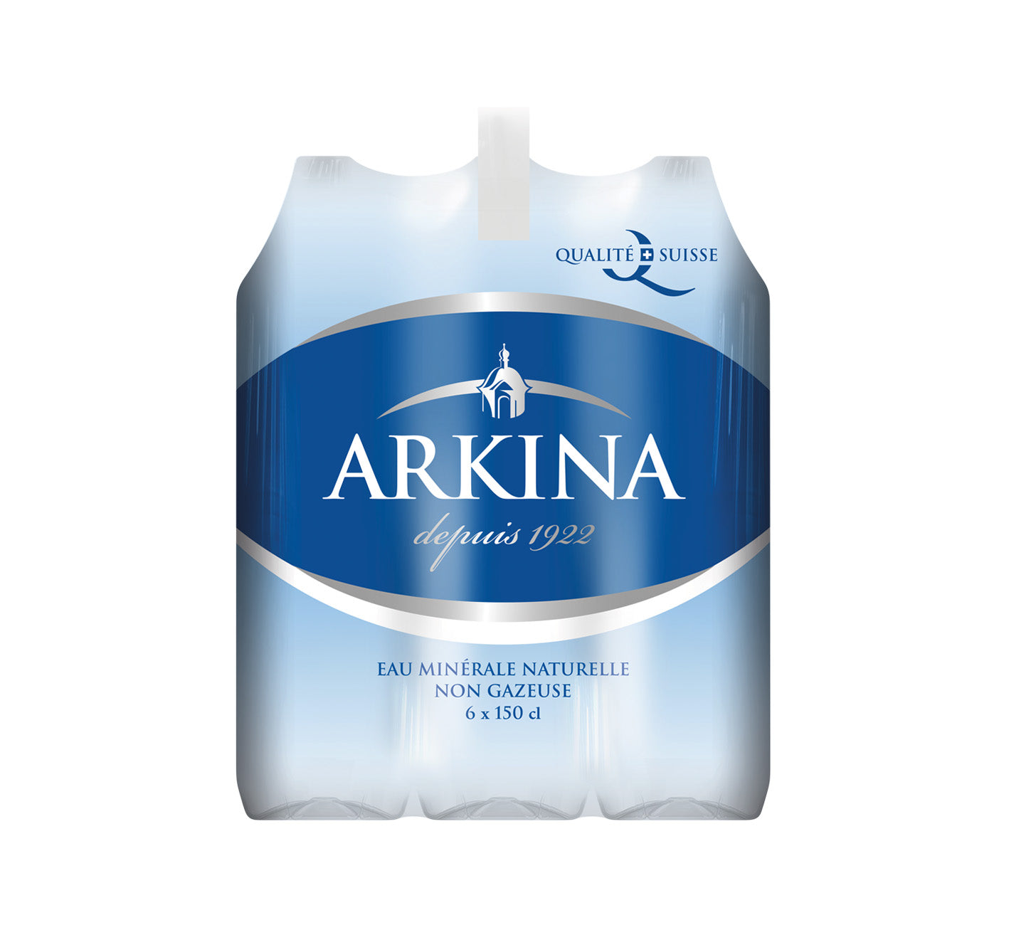 DE: Arkina Blau ohne Kohlensäure 150cl 6-Pack, stilles Mineralwasser in grossen PET-Flaschen.
FR: Arkina Bleu sans gaz 150cl pack de 6, eau minérale plate en grandes bouteilles PET.
IT: Arkina Blu senza gas 150cl confezione da 6, acqua minerale naturale in grandi bottiglie PET.