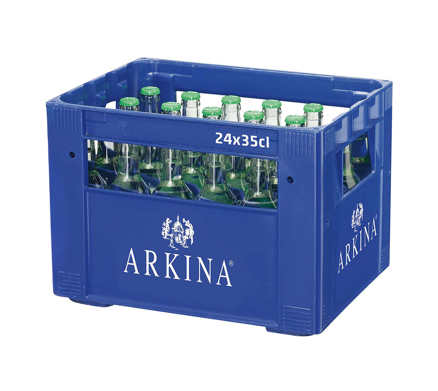 DE: Arkina Grün mit Kohlensäure 35 cl 24-Harasse – sprudelndes Mineralwasser in Glasflaschen im blauen Arkina-Kasten.
FR: Arkina Vert gazeuse 35 cl 24-Harasse – eau minérale pétillante en bouteilles en verre dans une caisse bleue Arkina.
IT: Arkina Verde frizzante 35 cl 24-Harasse – acqua minerale gassata in bottiglie di vetro in cassetta blu Arkina.