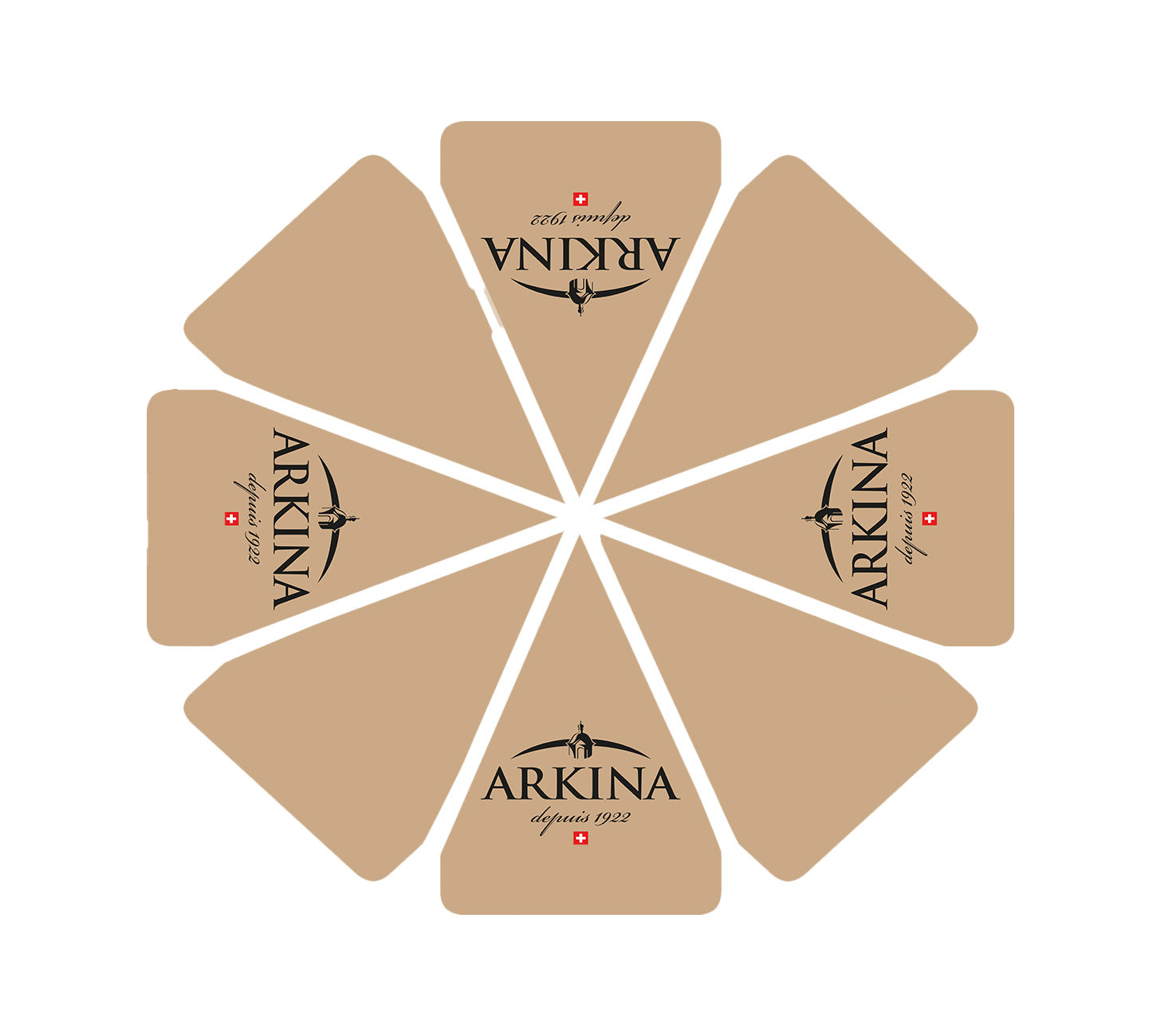 DE: Draufsicht des beigen Arkina-Sonnenschirms mit acht Segmenten und Arkina-Logo.
FR: Vue de dessus du parasol beige Arkina à huit segments avec logo Arkina.
IT: Vista dall’alto dell’ombrellone beige Arkina con otto pannelli e logo Arkina.