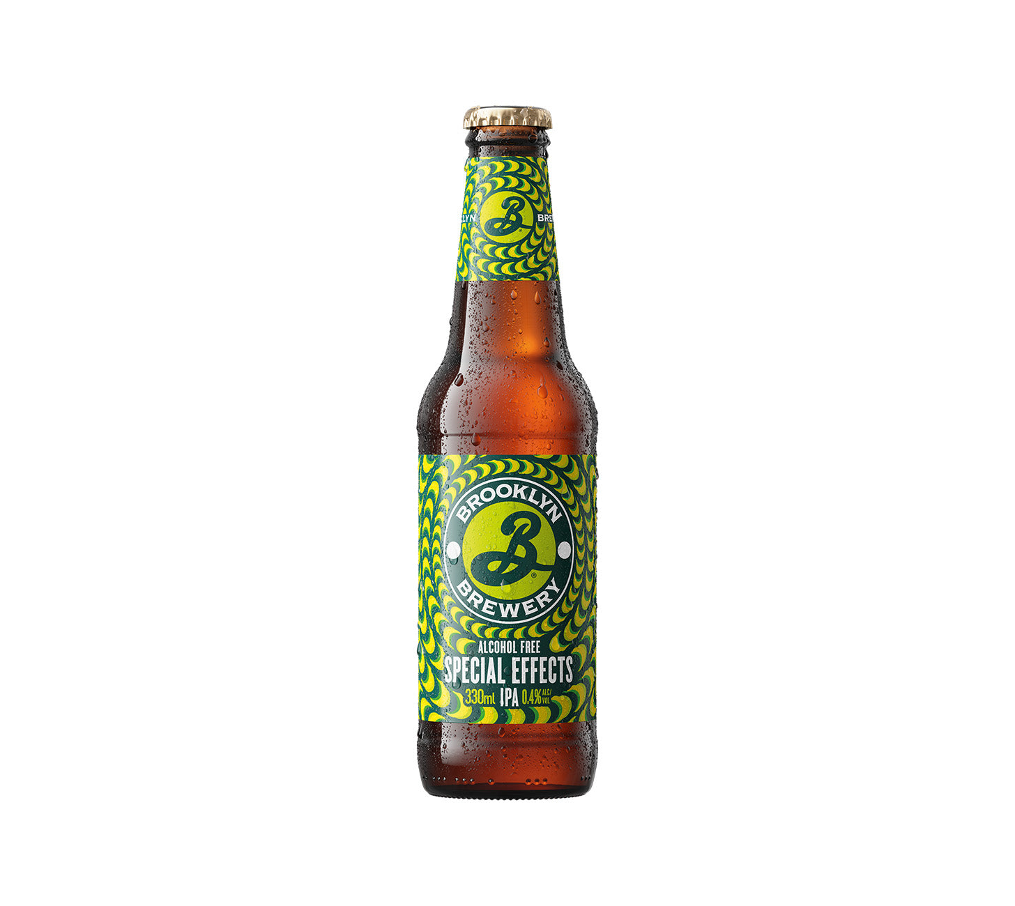 DE: Brooklyn Special Effects IPA alkoholfrei 33cl – alkoholfreies Craft IPA mit tropischen Aromen, auffälliges psychedelisches Etikett vor neutralem Hintergrund.
FR: Brooklyn Special Effects IPA sans alcool 33cl – biere artisanale sans alcool aux aromes tropicaux, bouteille au design psychedelique.
IT: Brooklyn Special Effects IPA analcolica 33cl – birra artigianale analcolica IPA con aromi tropicali, bottiglia dal design psichedelico.
