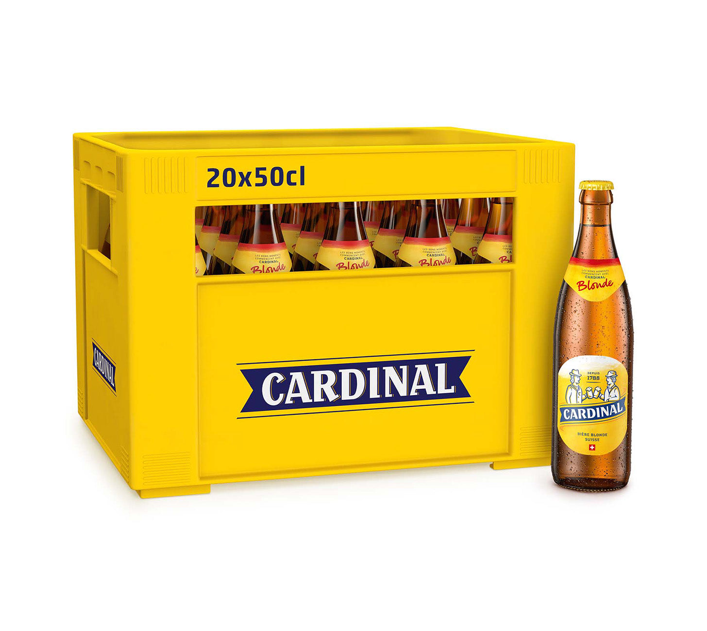 DE:
Cardinal Blonde Bier MHI 20x50cl, mildes Schweizer Lagerbier, gelbes Display-Gebinde mit Flaschen, neutraler Hintergrund.
FR:
Cardinal Blonde bière MHI 20x50cl, bière suisse légère et rafraîchissante, présentoir jaune avec bouteilles, fond neutre.
IT:
Cardinal Blonde birra MHI 20x50cl, birra svizzera chiara e rinfrescante, espositore giallo con bottiglie, sfondo neutro.