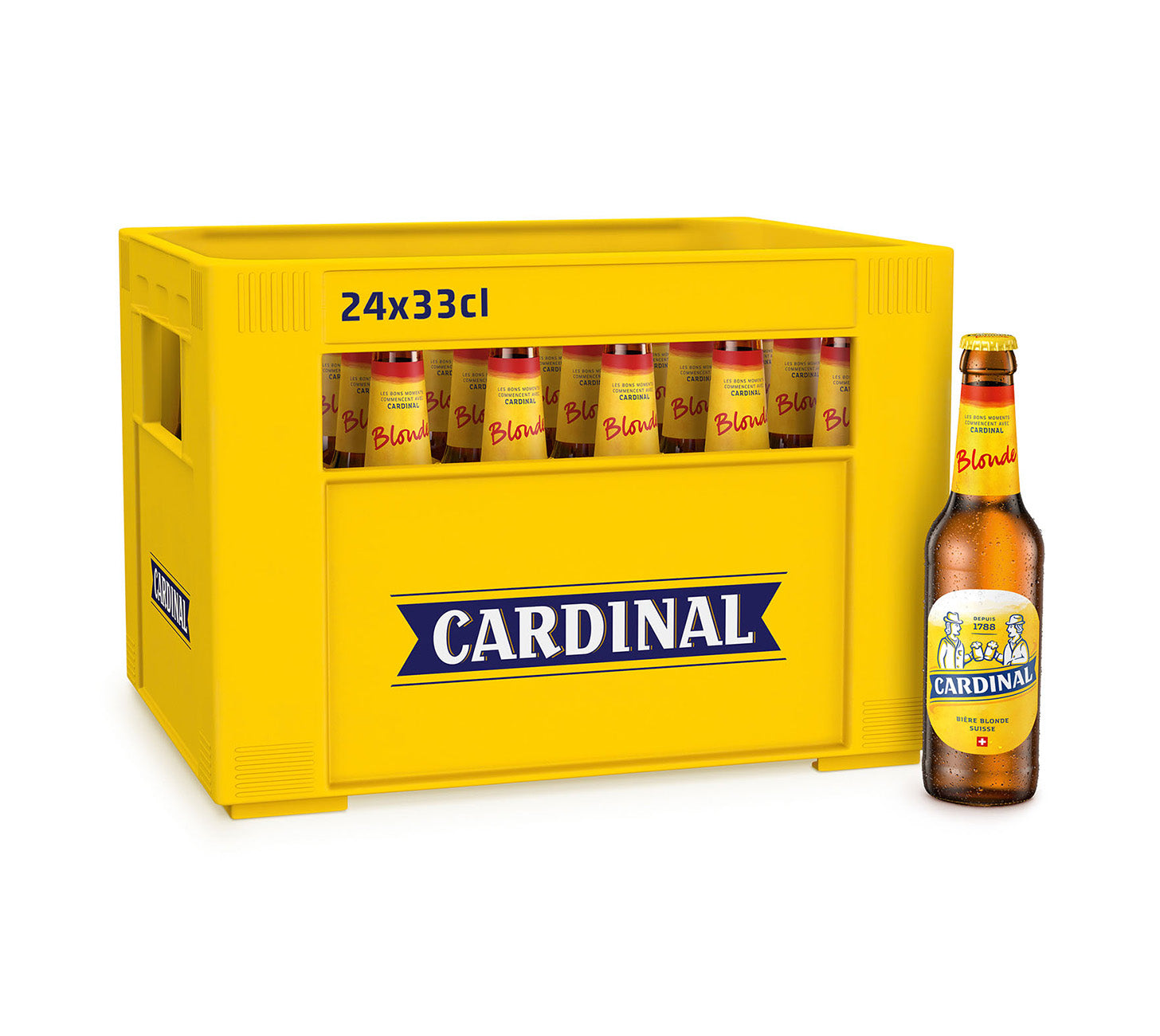 DE:
Cardinal Blonde Bier 33cl MHI 24-Harasse, mildes Schweizer Lagerbier in der Mehrweg-Kiste, traditionelle Cardinal-Flaschen vor neutralem Hintergrund.
FR:
Cardinal Blonde bière 33cl MHI caisse 24, bière suisse légère en consigne, bouteilles Cardinal traditionnelles sur fond neutre.
IT:
Cardinal Blonde birra 33cl MHI cassa 24, lager svizzera chiara in bottiglie a rendere, presentata su sfondo neutro.