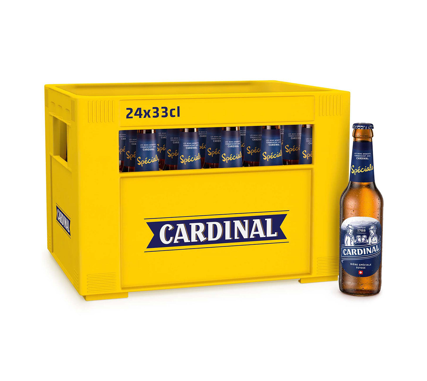 DE: Cardinal Spéciale Bier MHI 24x33cl, Schweizer Spezialbier mit Traditionsmarke im Mehrweggebinde.
FR: Cardinal Spéciale bière MHI 24x33cl, bière suisse traditionnelle en embotage consigné.
IT: Cardinal Spéciale birra MHI 24x33cl, birra svizzera tradizionale in vuoto a rendere.