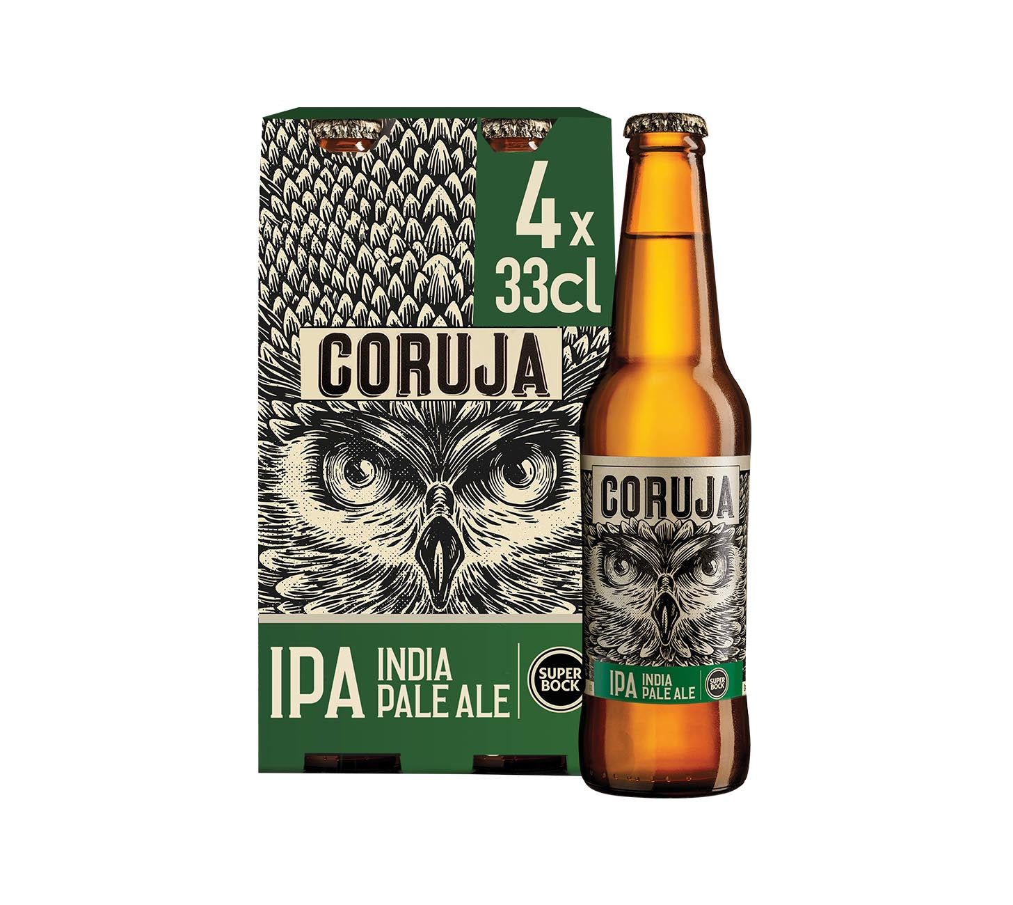 DE: Coruja IPA Bier 33 cl 4-Pack MHI – portugiesisches India Pale Ale mit markantem Hopfenaroma in der Verpackung mit sichtbaren Flaschen.
FR: Coruja IPA 33 cl pack de 4 MHI – India Pale Ale portugaise au houblon intense, présenté avec emballage et bouteilles visibles.
IT: Coruja IPA 33 cl confezione da 4 MHI – India Pale Ale portoghese dal profilo luppolato intenso con confezione e bottiglie visibili.