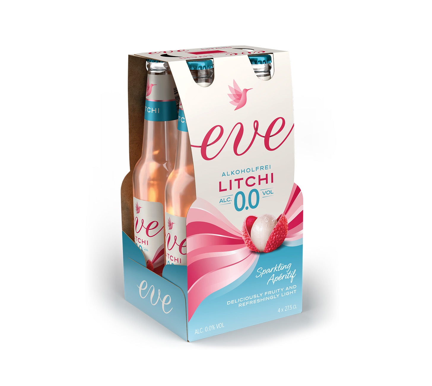 DE: Eve Litchi 0.0% alkoholfreies Biermischgetränk 4x27.5cl, fruchtig und erfrischend.
FR: Eve Litchi 0.0% pack 4x27.5cl, boisson sans alcool fraîche au litchi.
IT: Eve Litchi 0.0% confezione 4x27.5cl, bevanda analcolica rinfrescante al litchi.