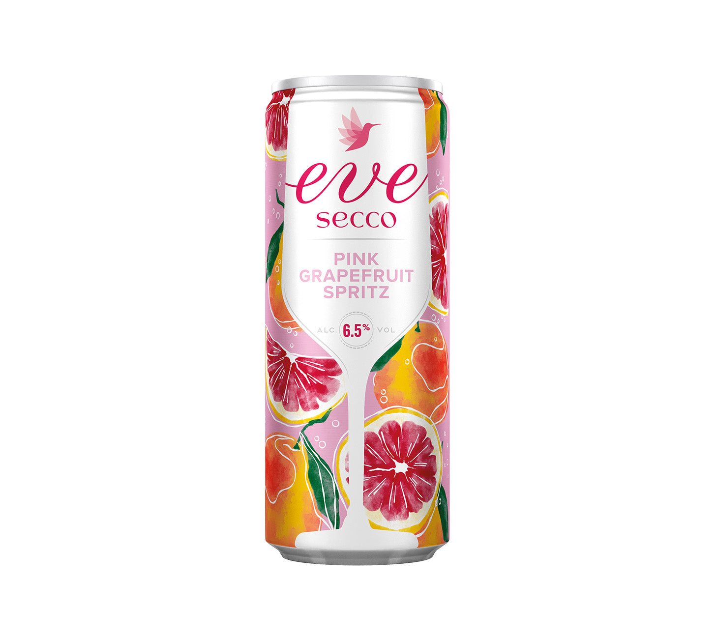 DE: Eve Secco Pink Grapefruit Spritz Dose 25cl, Prosecco-Getränk mit pinker Grapefruit.
FR: Eve Secco Pink Grapefruit Spritz canette 25cl, boisson pétillante au pamplemousse rose.
IT: Eve Secco Pink Grapefruit Spritz lattina 25cl, bevanda frizzante al pompelmo rosa.