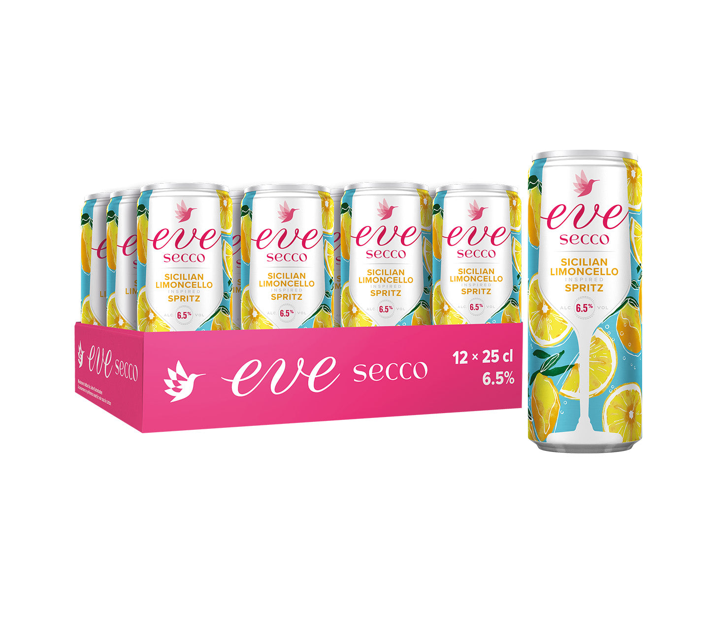 DE: Eve Secco Limoncello Spritz MHI 12x25cl, Prosecco-Aperitif mit Zitrusnote, Tray-Verpackung.
FR: Eve Secco Limoncello Spritz MHI pack 12x25cl, apéritif prosecco au citron.
IT: Eve Secco Limoncello Spritz MHI confezione 12x25cl, aperitivo prosecco al limone.