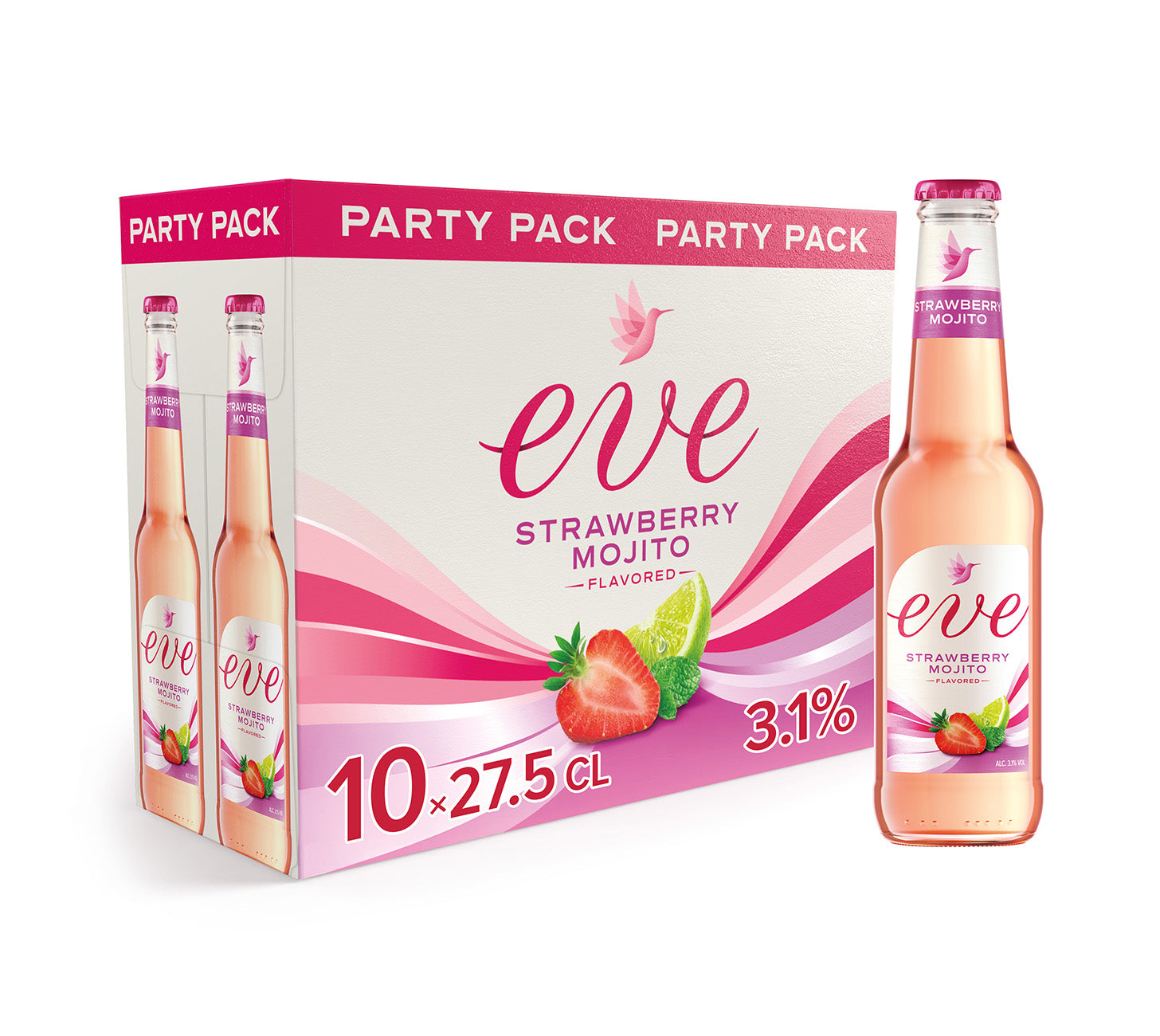 DE: Eve Strawberry Mojito MHI 10×27.5 cl, Biermischgetränk Erdbeere-Minze, Partypack.
FR: Eve Strawberry Mojito MHI 10×27.5 cl, boisson à la bière fraise-menthe, party pack.
IT: Eve Strawberry Mojito MHI 10×27.5 cl, bevanda alla birra fragola-menta, party pack.