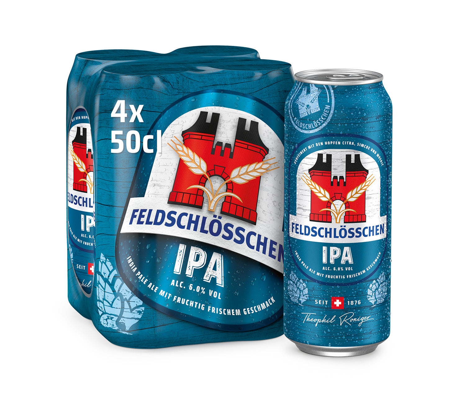 DE: Feldschloesschen IPA – India Pale Ale mit fruchtig-frischem Geschmack und feiner Hopfennote, 4×50 cl Dosenpack, vor neutralem Hintergrund.
FR: Feldschloesschen IPA – bière India Pale Ale au goût frais et fruité avec des notes houblonnées, pack de 4×50 cl canettes, sur fond neutre.
IT: Feldschloesschen IPA – birra India Pale Ale dal gusto fresco e fruttato con note di luppolo, confezione da 4×50 cl lattine, su sfondo neutro.