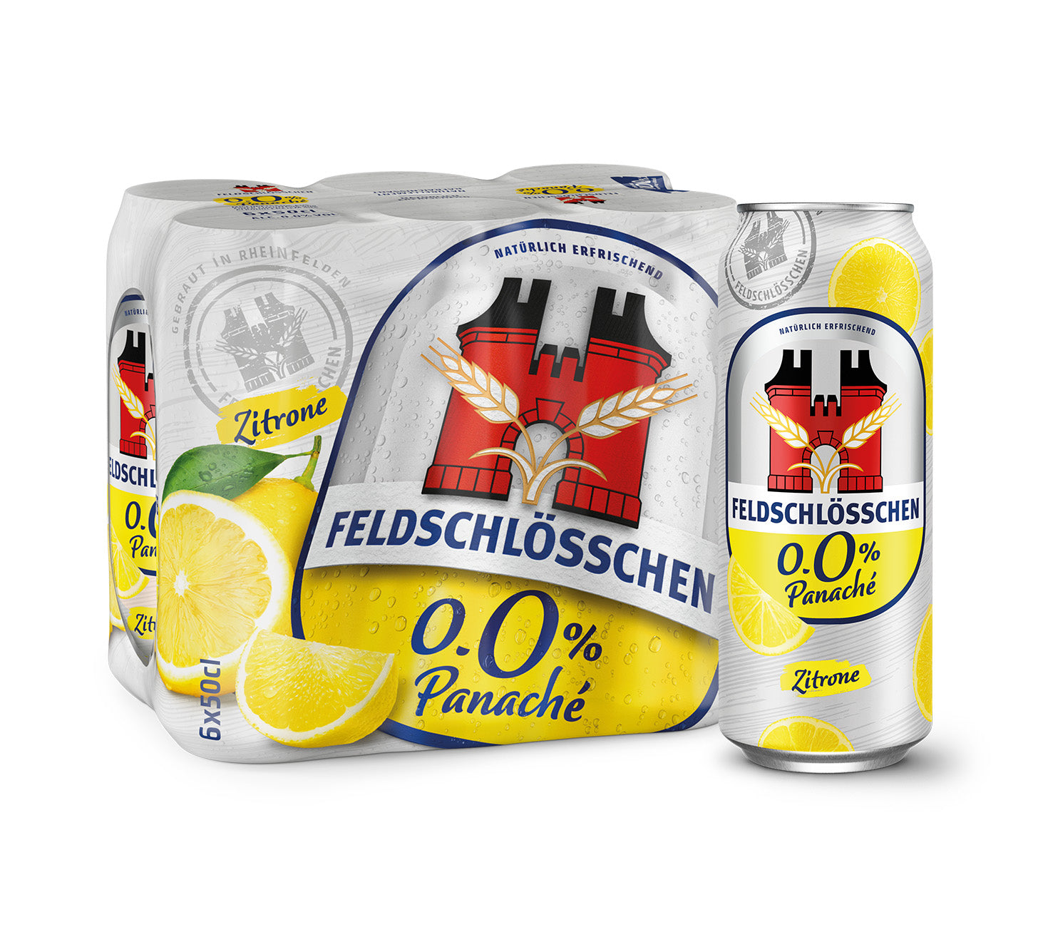 FR: Feldschloesschen Citron 0.0% – boisson à base de bière sans alcool au goût rafraîchissant de citron, pack de 6×50 cl canettes, sur fond neutre.
IT: Feldschloesschen Limone 0.0% – bevanda a base di birra analcolica dal gusto rinfrescante di limone, confezione da 6×50 cl lattine, su sfondo neutro.
DE: Feldschloesschen Zitrone 0.0% – alkoholfreies Biermischgetränk mit erfrischendem Zitronengeschmack, 6×50 cl Dosenpack, vor neutralem Hintergrund.