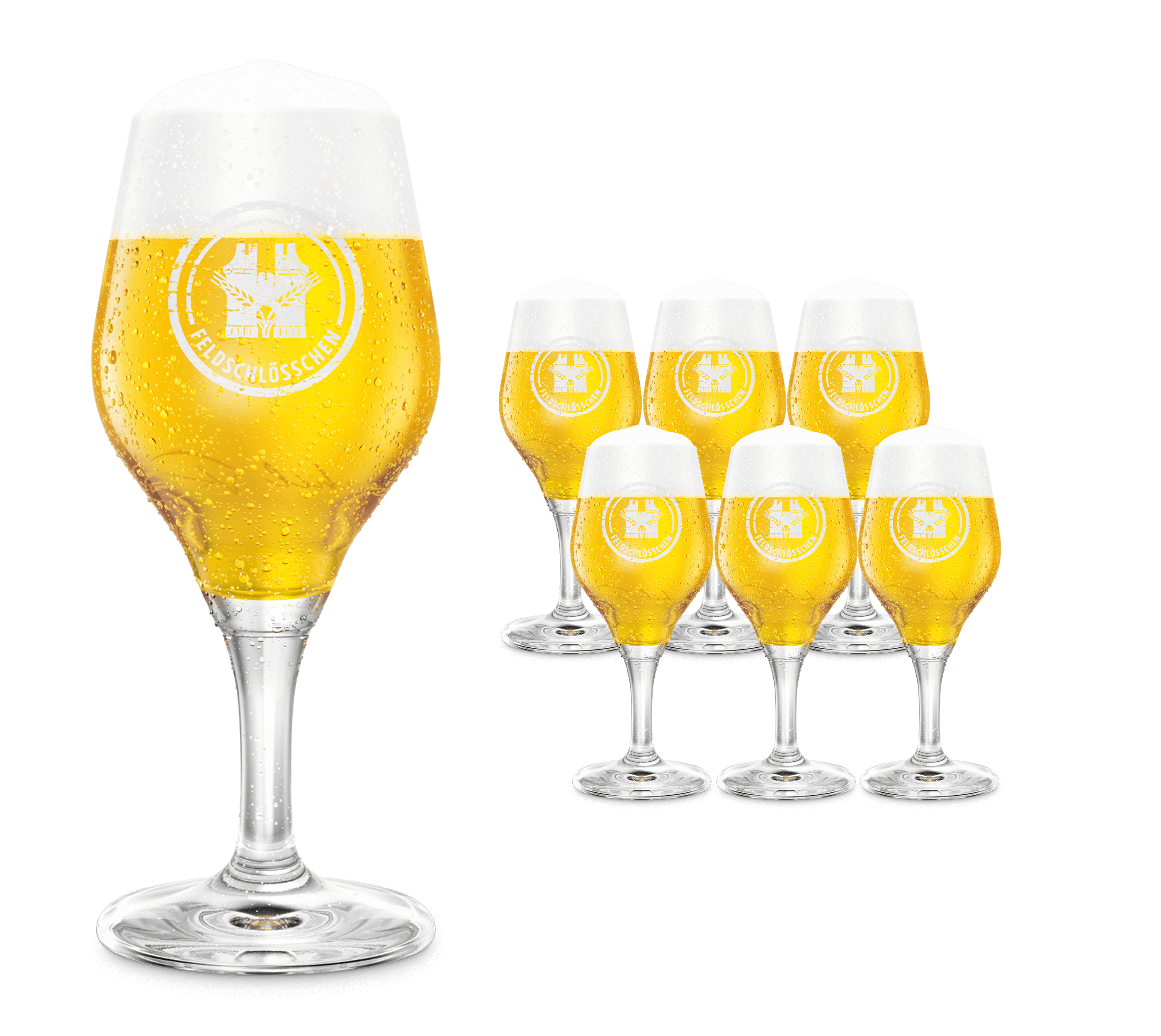 DE: Feldschlösschen Speciality-Glas 6×30 cl – Set aus sechs eleganten Biergläsern mit Feldschlösschen-Logo, gefüllt mit goldenem Bier und Schaumkrone, vor neutralem Hintergrund.
FR: Verres spécialité Feldschlösschen 6×30 cl – ensemble de six verres à bière élégants avec logo Feldschlösschen, remplis de bière dorée et mousse, sur fond neutre.
IT: Bicchieri specialità Feldschlösschen 6×30 cl – set di sei bicchieri da birra eleganti con logo Feldschlösschen, riempiti di birra dorata e schiuma, su sfondo neu
