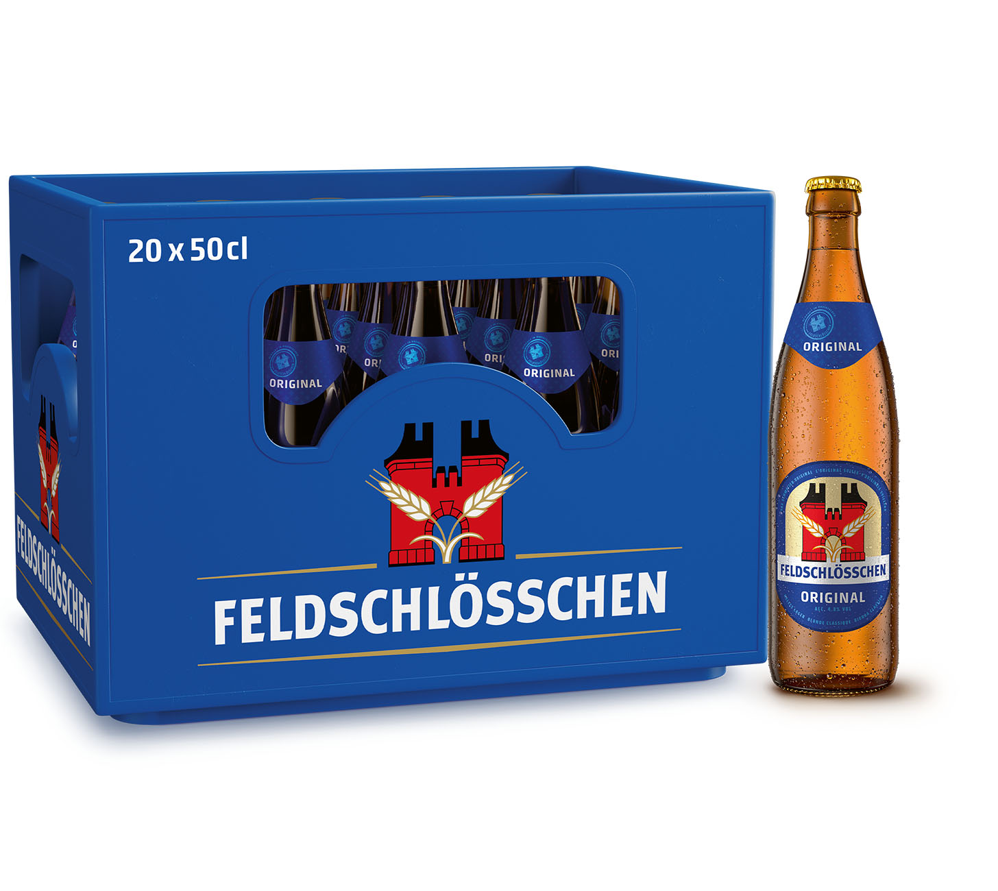 Feldschloesschen Original Bier Harasse 20x50cl mit Einzelflasche. Schweizer Bier, Lagerbier, Feldschloesschen Original, Bierkasten, Bierflasche. Vor neutralem Hintergrund