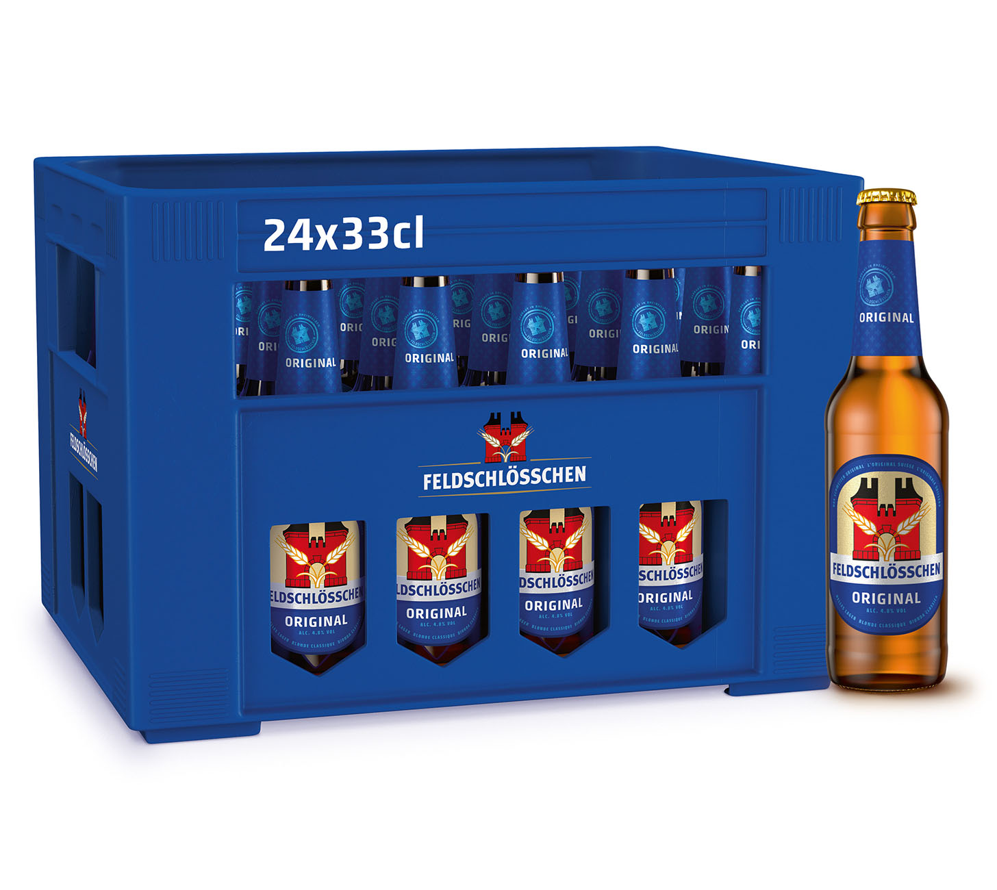 Feldschlösschen Original Bier Harasse 24x33cl mit Glasflaschen und Einzelflasche, Schweizer Lager Bier vor neutralem Hintergrund