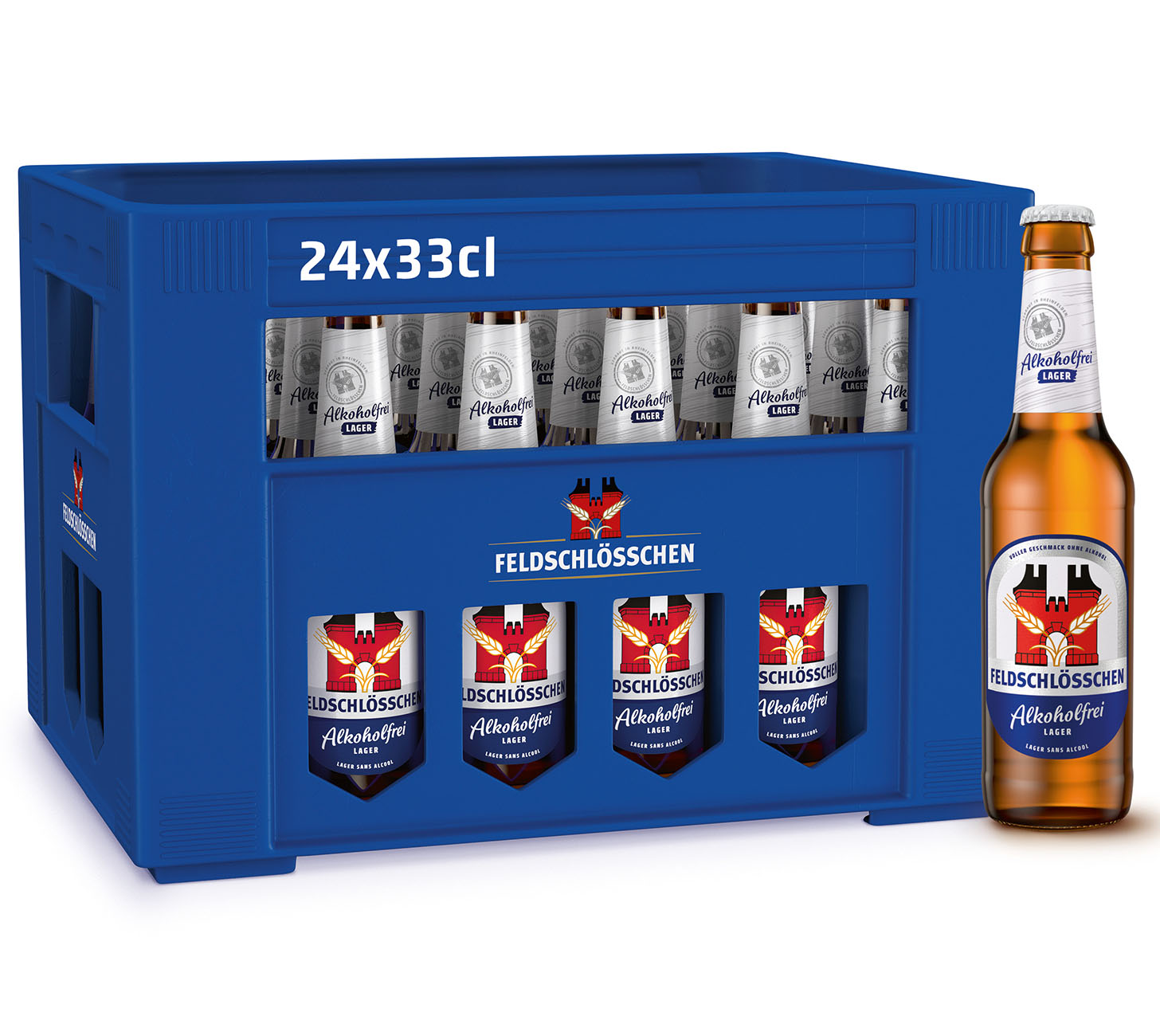 DE: Feldschloesschen Alkoholfrei Lager – alkoholfreies Bier, 24x33 cl Harasse
FR: Feldschloesschen Lager Sans Alcool – biere sans alcool, caisse 24x33 cl bouteilles
IT: Feldschloesschen Lager Analcolico – birra senza alcool, cassa 24x33 cl bottiglie