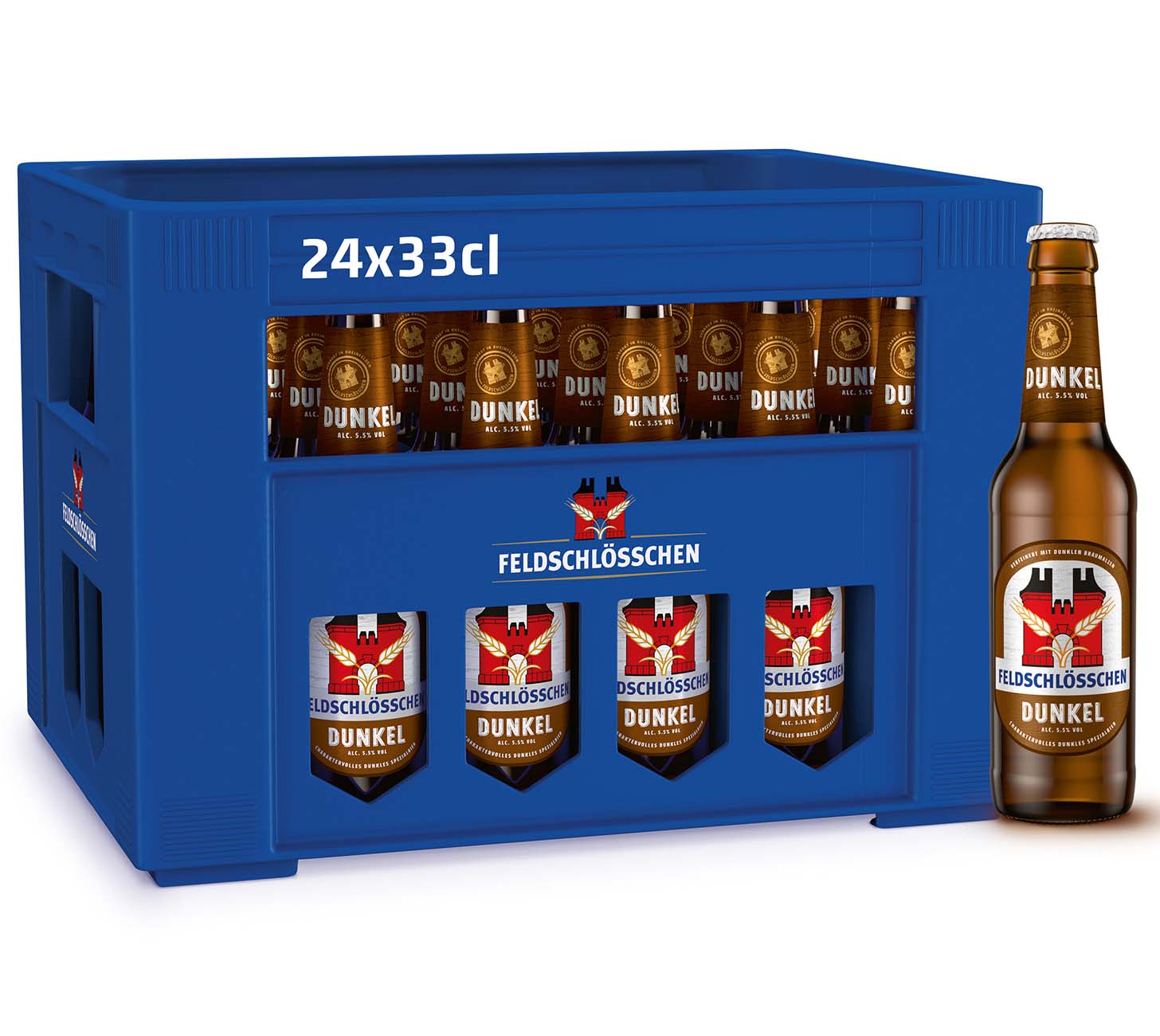 Feldschloesschen Dunkel Bier 24x33cl Harasse mit Glasflasche, dunkles Schweizer Bier mit vollem Geschmack, aromatisches Lager, Bier vor neutralem Hintergrund