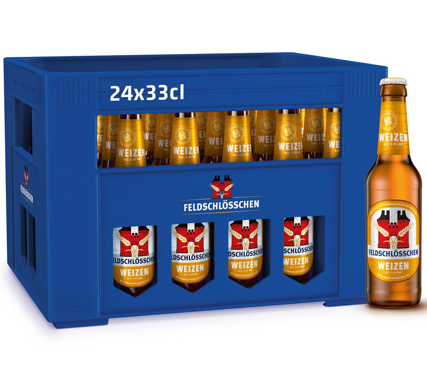 DE: Feldschloesschen Weizen – spritziges Weizenbier in 24x33cl Harasse
FR: Feldschloesschen biere de ble – biere rafraichissante en casier 24x33cl
IT: Feldschloesschen birra di frumento – birra fresca in cassa da 24x33cl