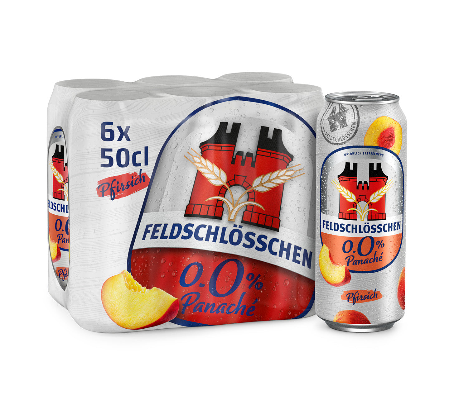 DE: Feldschlösschen Panaché Pfirsich 6×50 cl – fruchtiges alkoholfreies Biermischgetränk mit Pfirsichgeschmack im Dosenpack, vor neutralem Hintergrund.
FR: Feldschlösschen Panaché Pêche 6×50 cl – boisson sans alcool fruitée à base de bière au goût pêche, en pack de canettes, sur fond neutre.
IT: Feldschlösschen Panaché Pesca 6×50 cl – bevanda analcolica fruttata a base di birra al gusto di pesca in confezione di lattine, su sfondo neutro.