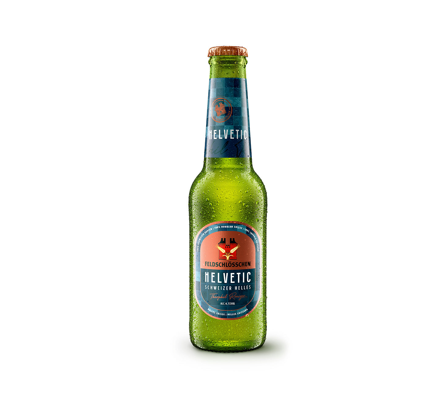 DE: Feldschloesschen Helvetic – mildes, ausgewogenes Schweizer Bier, 27.5cl Einzelflasche, vor neutralem Hintergrund
FR: Feldschloesschen Helvetic – bière suisse douce et équilibrée, bouteille individuelle 27.5cl, sur fond neutre
IT: Feldschloesschen Helvetic – birra svizzera dal gusto morbido ed equilibrato, bottiglia singola 27.5cl, su sfondo neutro