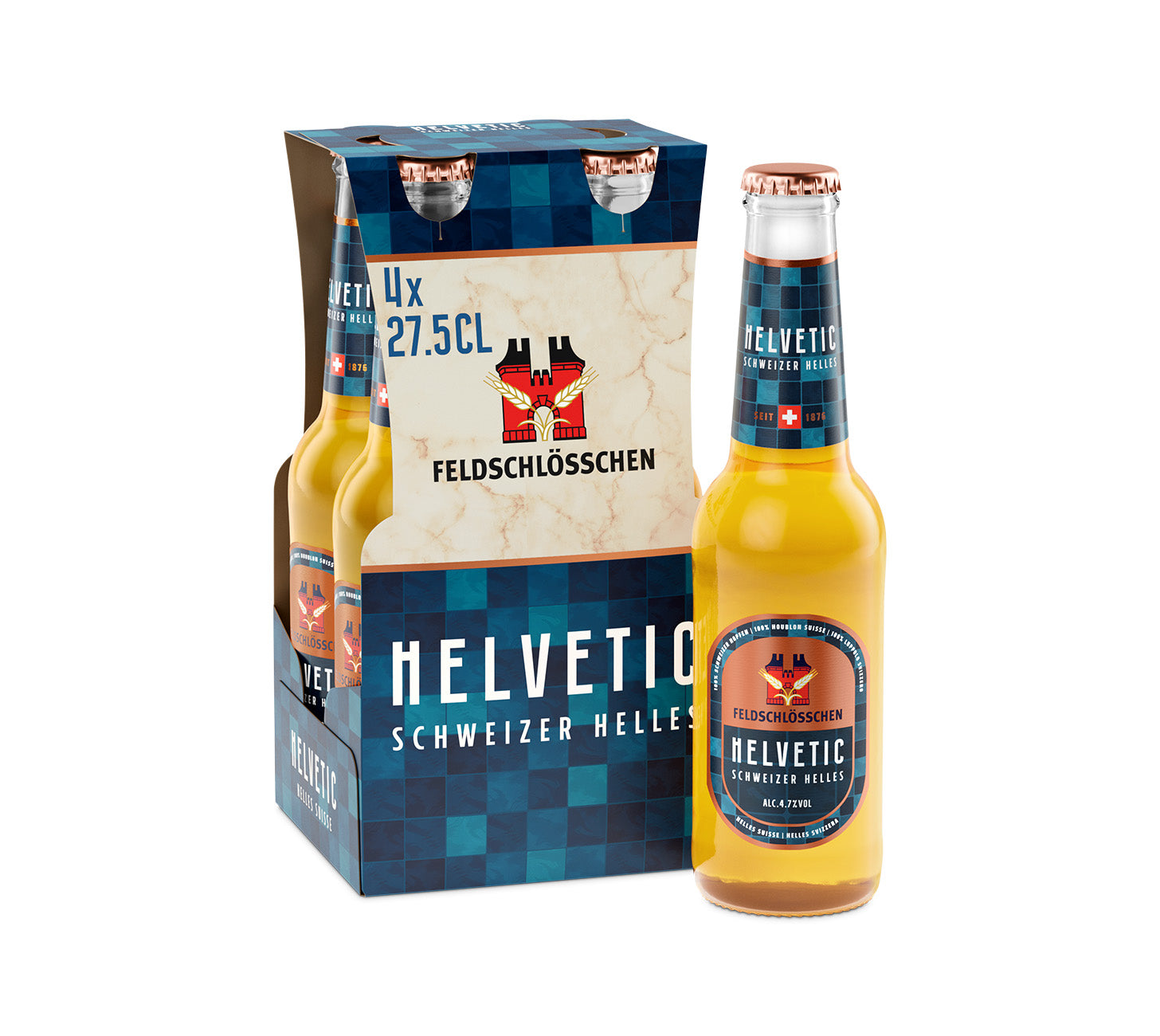 DE: Feldschlösschen Helvetic – mildes, ausgewogenes Schweizer Bier, 4×27.5cl Flaschenpack (MHI), vor neutralem Hintergrund.
FR: Feldschlösschen Helvetic – bière suisse douce et équilibrée, pack de 4 bouteilles 27.5cl (MHI), sur fond neutre.
IT: Feldschlösschen Helvetic – birra svizzera dal gusto morbido ed equilibrato, confezione da 4 bottiglie da 27.5cl (MHI), su sfondo neutro.