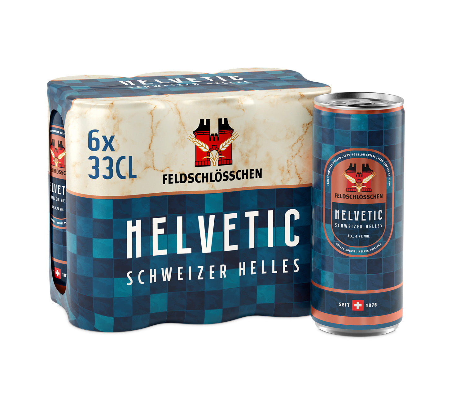 DE: Feldschlösschen Helvetic – mildes, ausgewogenes Schweizer Bier, 6×33cl Dosenpack (MHI), vor neutralem Hintergrund.
FR: Feldschlösschen Helvetic – bière suisse douce et équilibrée, pack de 6 canettes 33cl (MHI), sur fond neutre.
IT: Feldschlösschen Helvetic – birra svizzera dal gusto morbido ed equilibrato, confezione da 6 lattine da 33cl (MHI), su sfondo neutro.