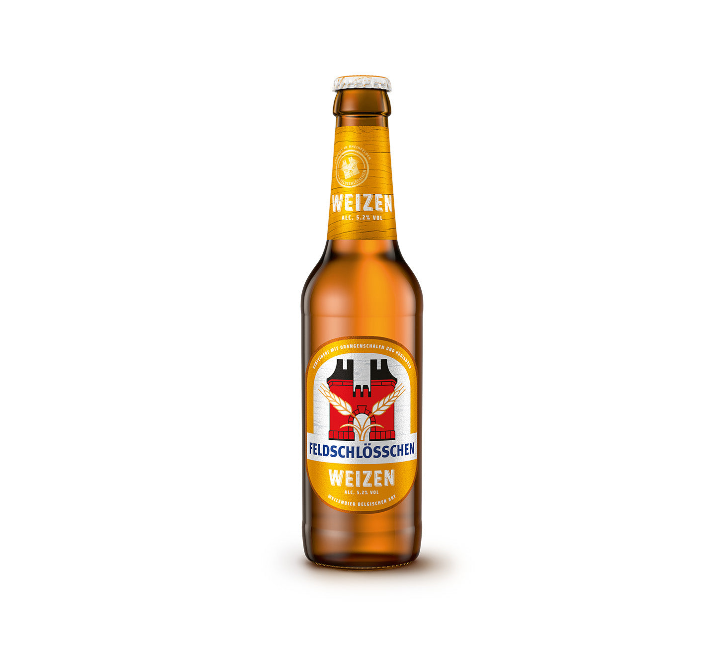 DE: Feldschloesschen Weizen 33 cl, Weizenbier belgischer Art, fruchtig und spritzig mit Noten von Orange und Koriander, Einzelflasche vor neutralem Hintergrund.
FR: Feldschloesschen Weizen 33 cl, bière blanche de style belge, fruitée et pétillante avec des notes d’orange et de coriandre, bouteille individuelle sur fond neutre.
IT: Feldschloesschen Weizen 33 cl, birra di frumento in stile belga, fruttata e frizzante con note di arancia e coriandolo, bottiglia singola su sfondo neutro.