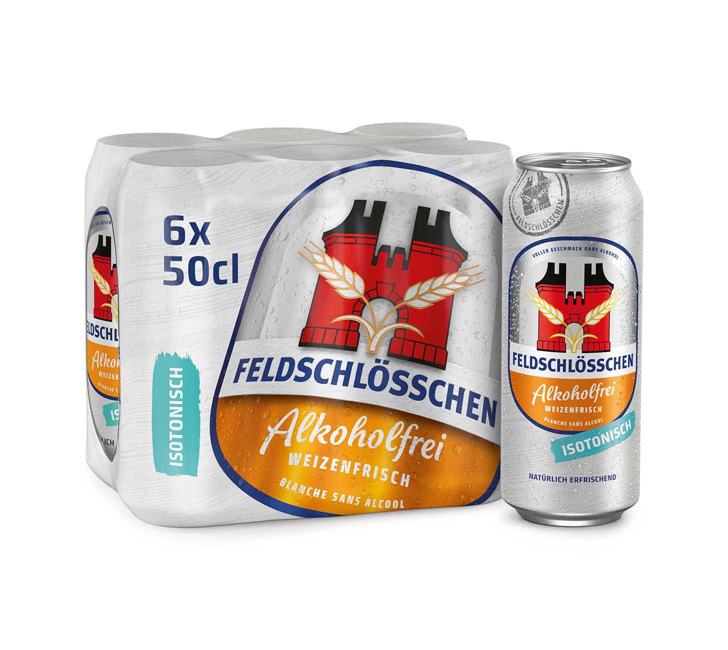Feldschloesschen Alkoholfrei Weizenfrisch 6x50cl Dose, isotonisches und erfrischendes alkoholfreies Weissbier mit fruchtigem Geschmack – vor neutralem Hintergrund.
