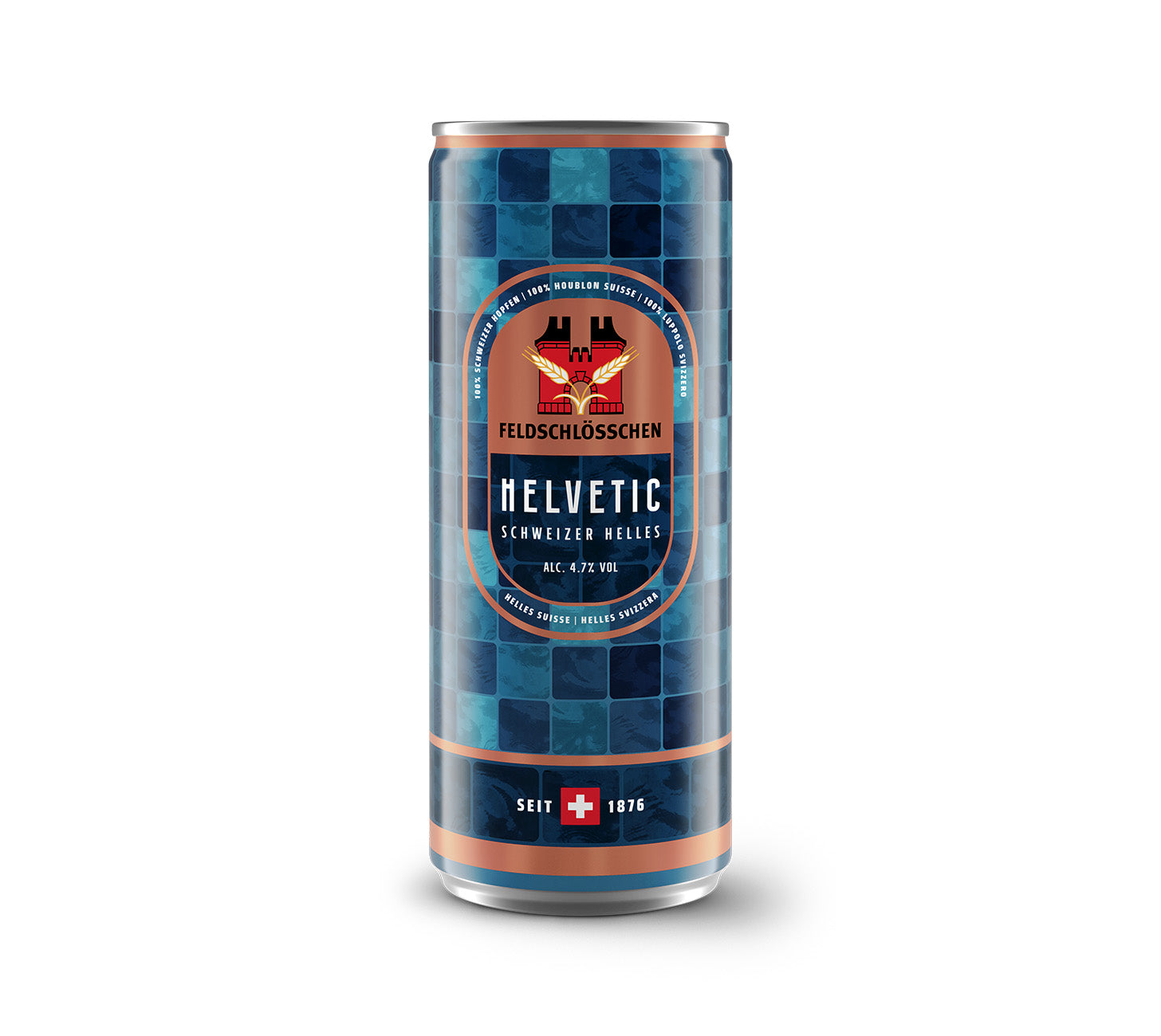 DE: Feldschlösschen Helvetic – mildes, ausgewogenes Schweizer Bier, 33cl Einzeldose, vor neutralem Hintergrund.
FR: Feldschlösschen Helvetic – bière suisse douce et équilibrée, canette individuelle 33cl, sur fond neutre.
IT: Feldschlösschen Helvetic – birra svizzera dal gusto morbido ed equilibrato, lattina singola da 33cl, su sfondo neutro.