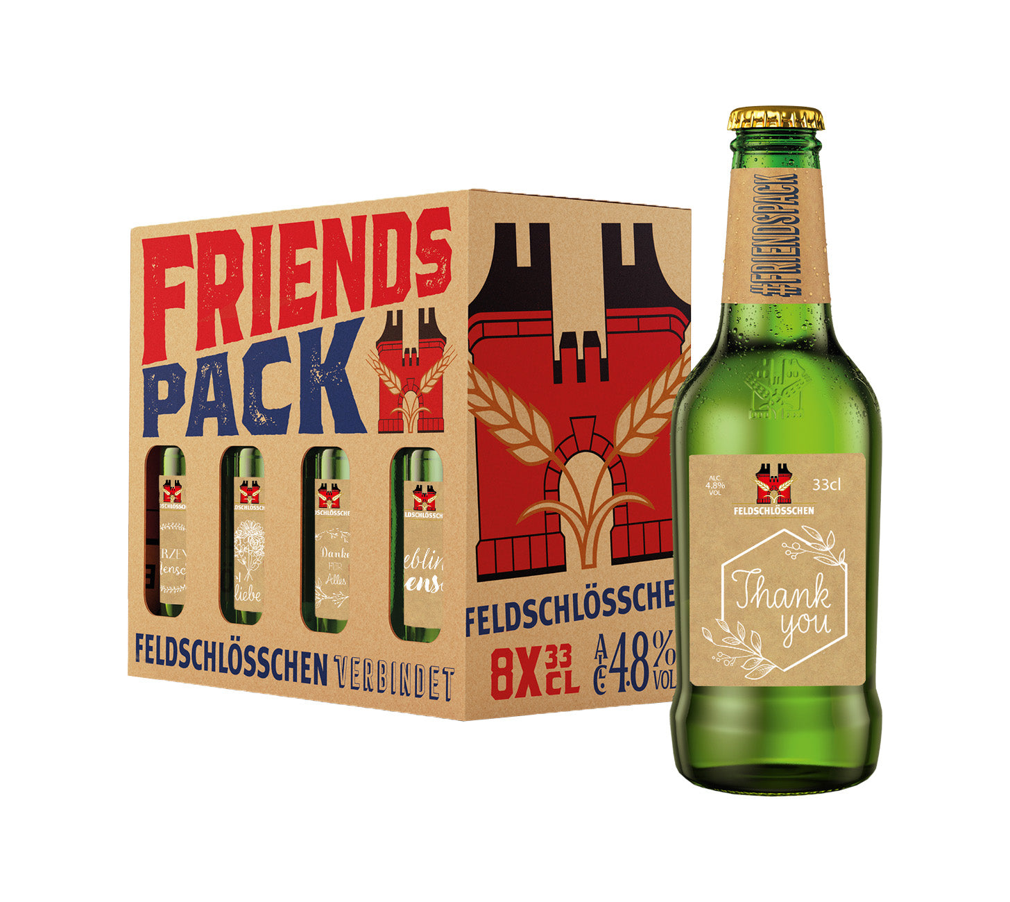 Feldschlösschen Friendspack Édition « Merci » Bière 33 cl, pack de 8 bouteilles