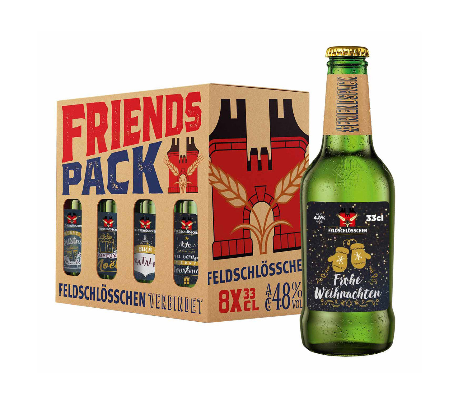 DE: Feldschloesschen Friends Pack Weihnachten – Geschenkpackung mit 8x33cl Bierflaschen im festlichen Design, Motiv „Frohe Weihnachten“, mit rotem und blauem Karton vor neutralem Hintergrund.
FR: Feldschloesschen Friends Pack Noël – coffret cadeau avec 8 bouteilles de bière 33cl au design festif, motif « Joyeux Noël », emballage rouge et bleu sur fond neutre.
IT: Feldschloesschen Friends Pack Natale – confezione regalo con 8 bottiglie di birra da 33cl dal design natalizio, motivo « Buon Natale », confezione