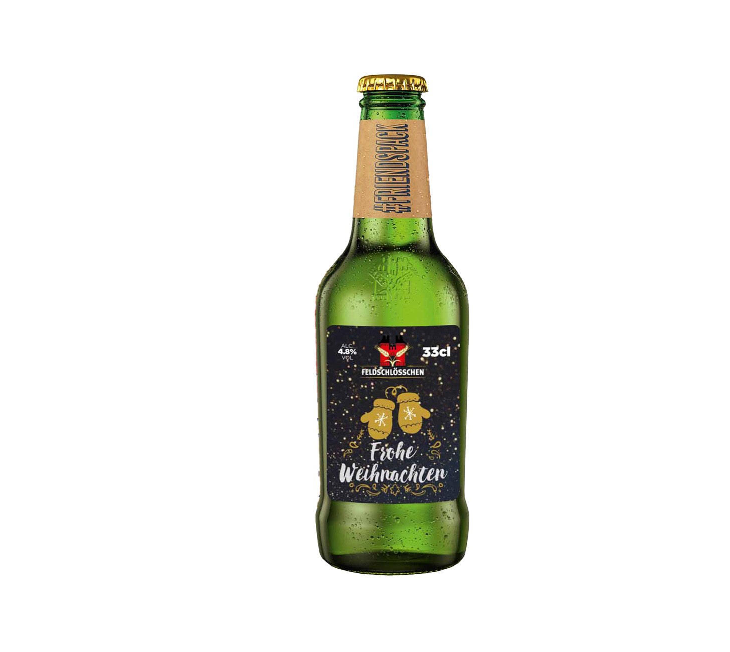 DE:
Feldschlösschen Friends Pack Weihnachten 33 cl – Bierflasche mit festlichem Etikett, goldene Kappe, vor neutralem Hintergrund.
FR:
Feldschlösschen Friends Pack Noël 33 cl – bouteille de bière au design festif, capsule dorée, sur fond neutre.
IT:
Feldschlösschen Friends Pack Natale 33 cl – bottiglia di birra con etichetta natalizia, tappo dorato, su sfondo neutro.