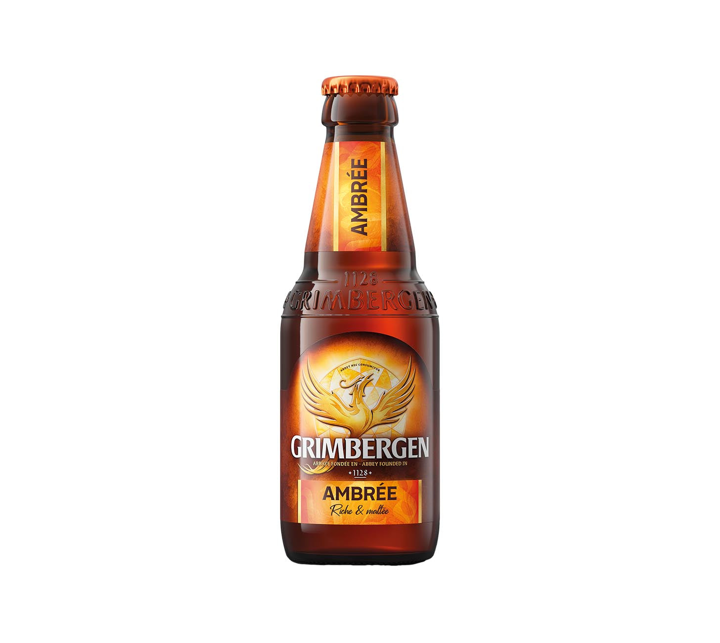 DE: Grimbergen Ambrée Bier 25cl – bernsteinfarbenes belgisches Klosterbier in brauner Flasche mit orange-goldenem Etikett und Phönix-Logo vor weißem Hintergrund.
FR: Bière Grimbergen Ambrée 25cl – bière ambrée d’abbaye belge en bouteille brune avec étiquette orange dorée et logo du phénix sur fond blanc.
IT: Birra Grimbergen Ambrée 25cl – birra ambrata d’abbazia belga in bottiglia ambrata con etichetta arancio dorata e logo della fenice su sfondo bianco.